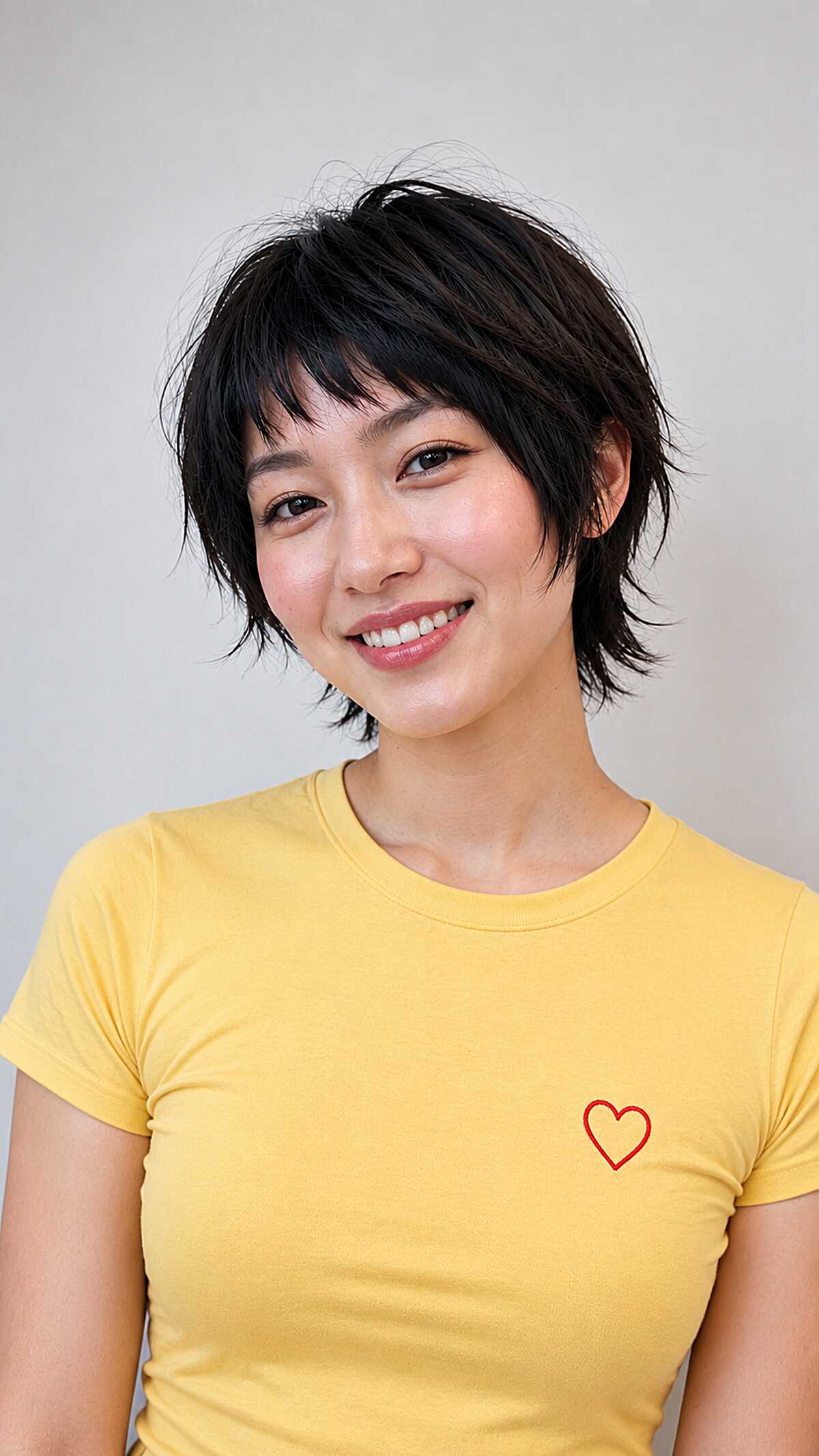 Short black pixie cut with feathered layers and piecey bangs