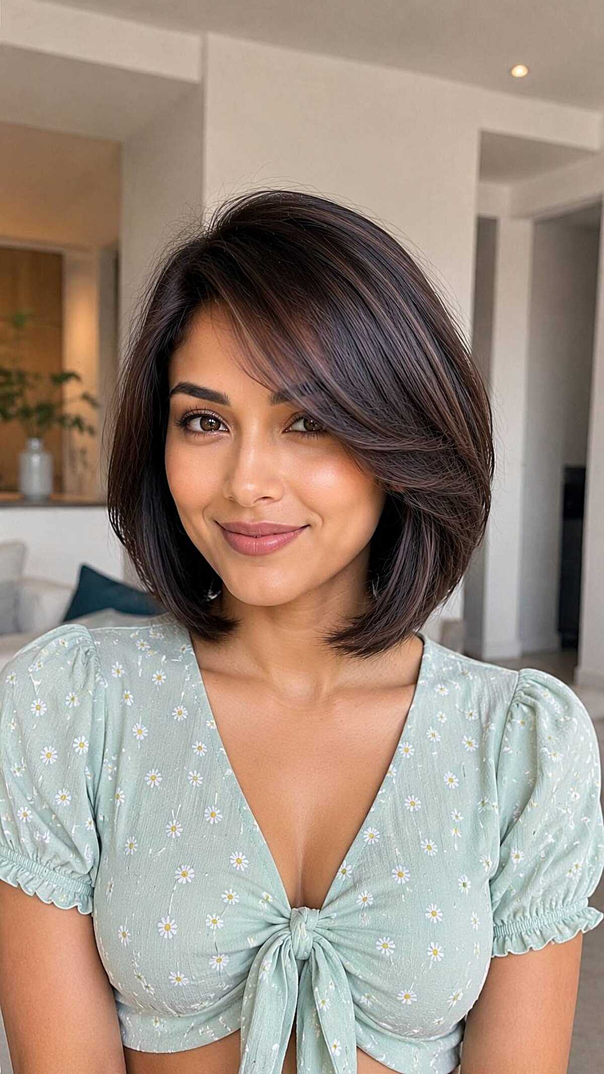 Glossy dark brown bob with side-swept bangs and volume