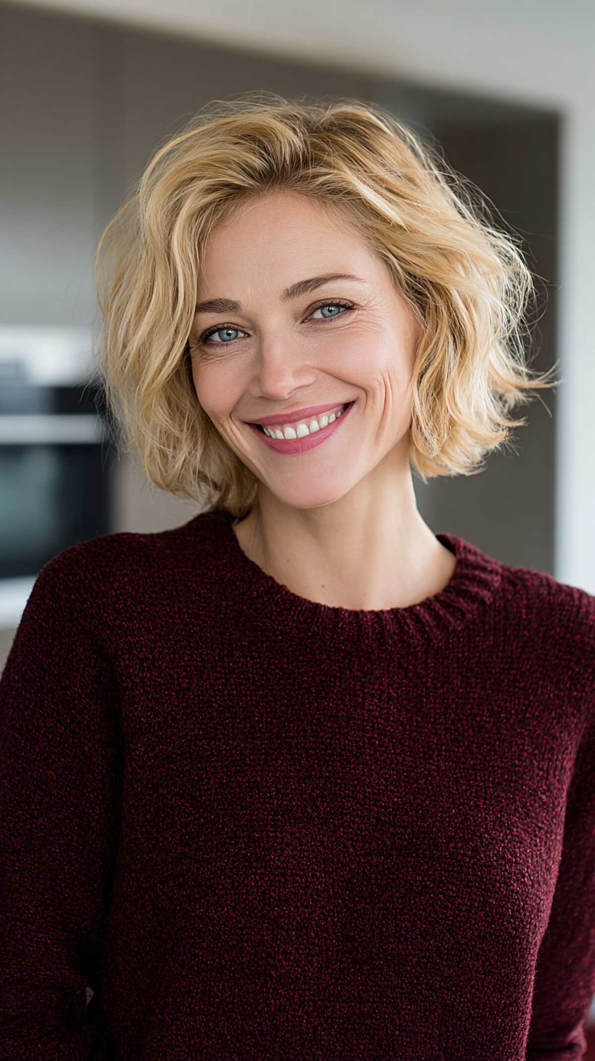Golden Blonde Wavy Bob with Undone Feathered Texture