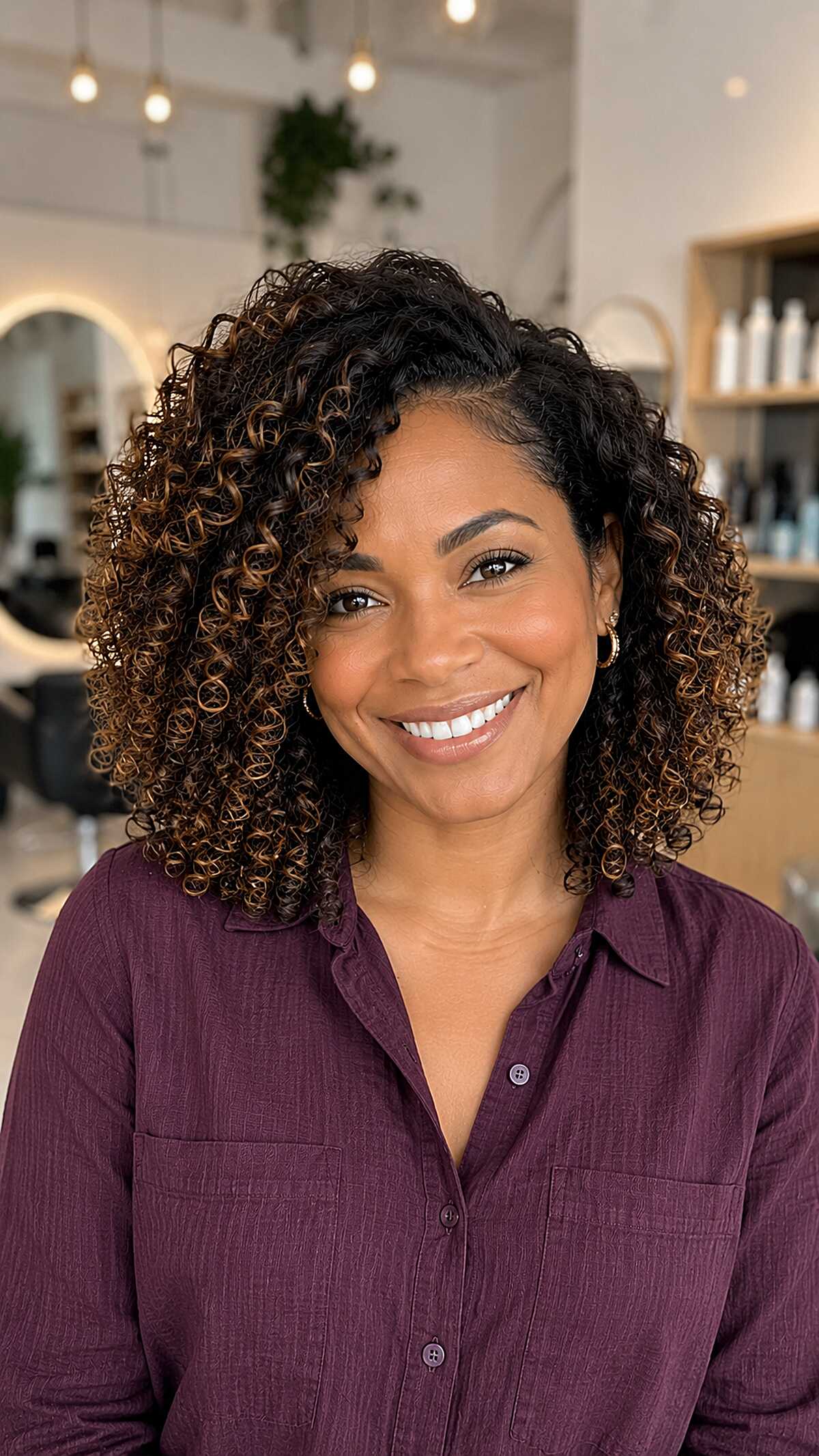 Golden Honey Balayage on a Tight Curl Pattern Bob