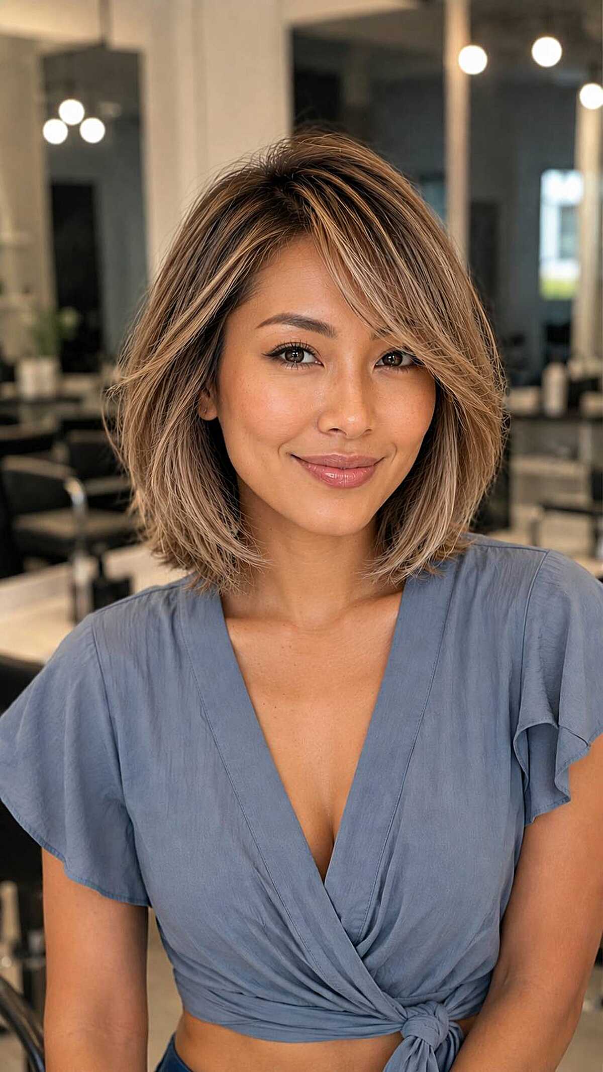 Highlighted brown bob with side part and piecey bangs