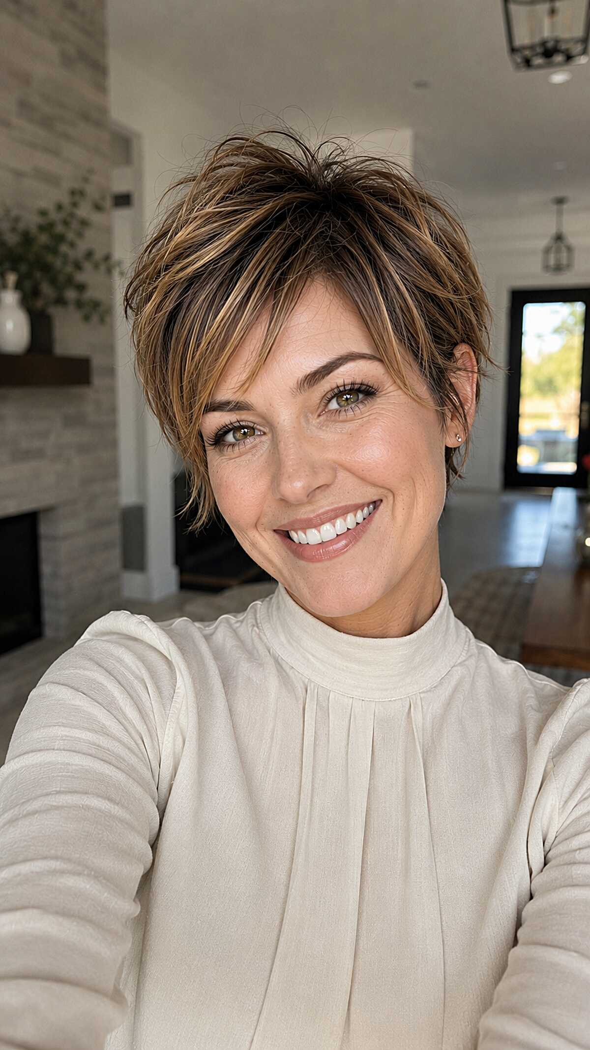 Highlighted brown pixie with feathered forward fringe