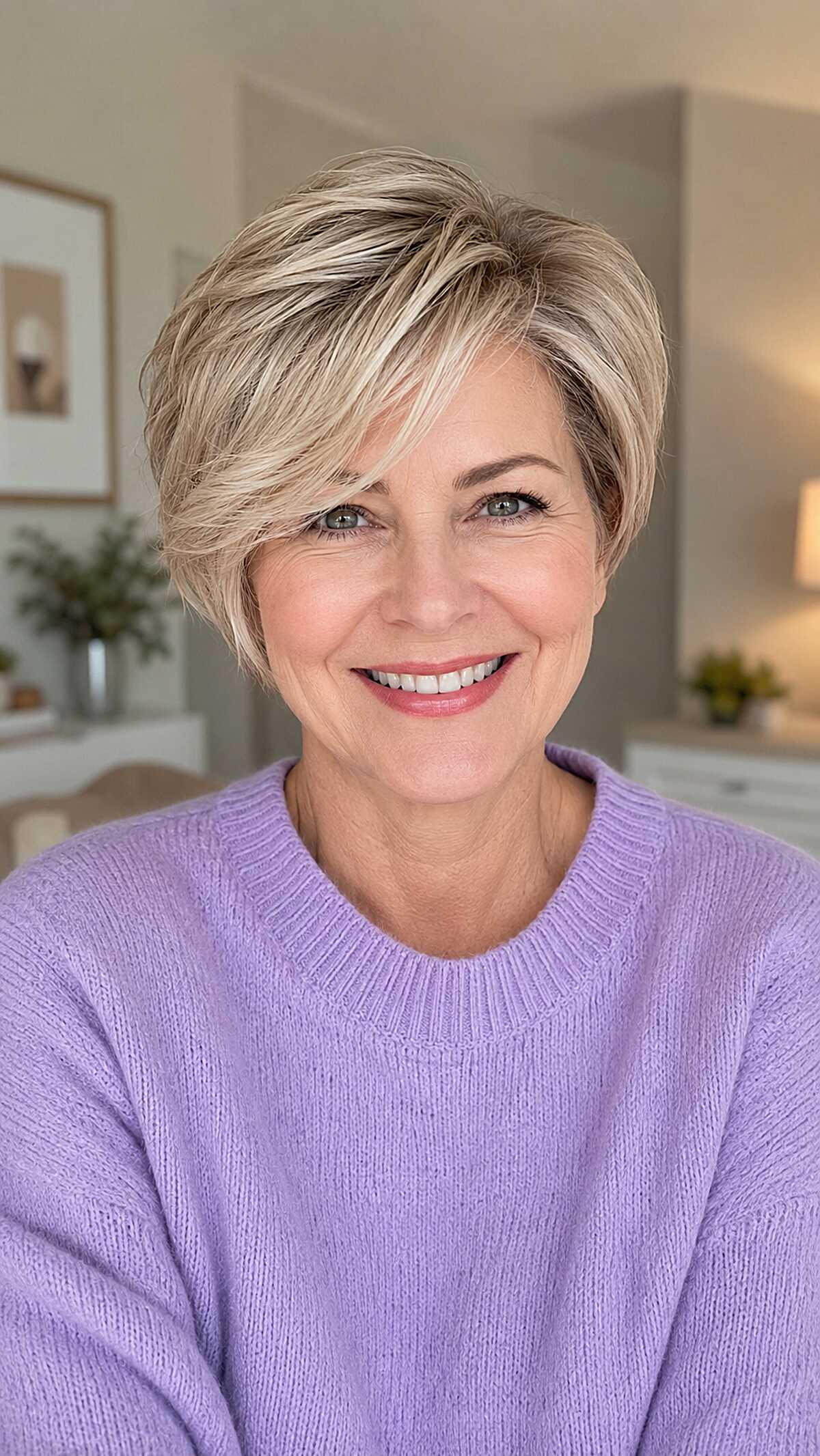 Honey Blonde Swept Pixie With Depth at the Root