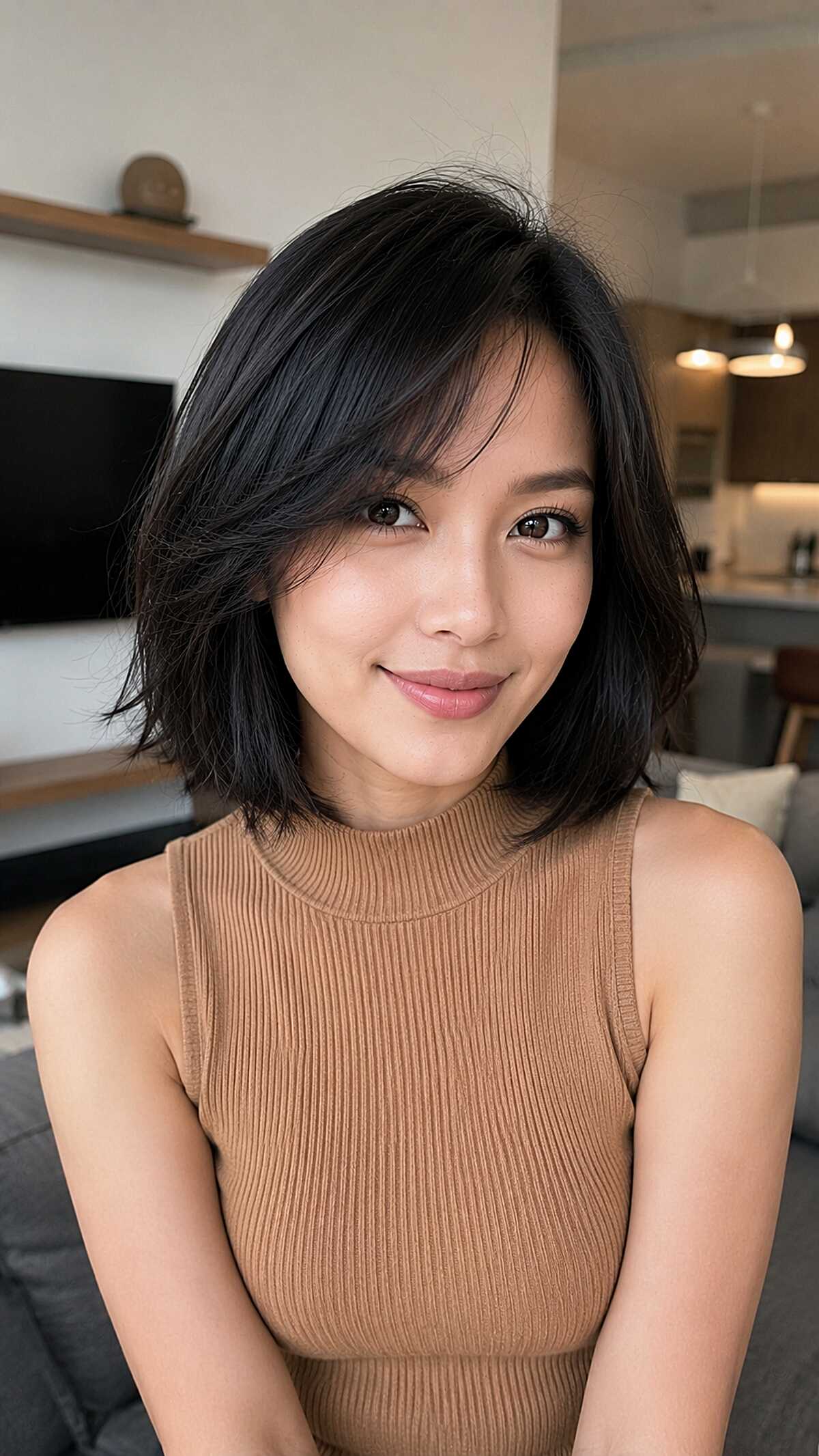 Black layered bob with side-swept bangs at chin length