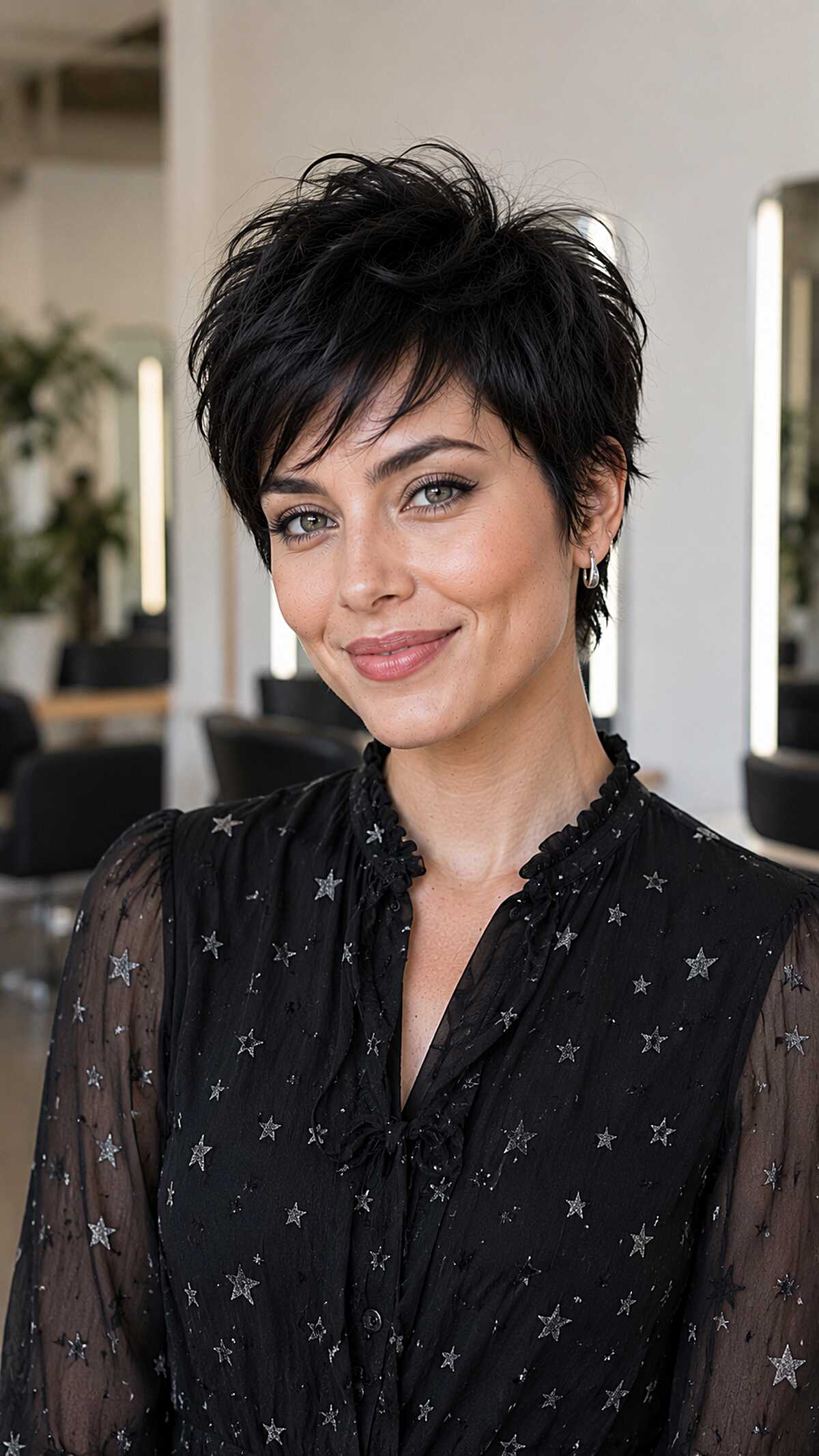 Jet black short razor pixie with height at the crown