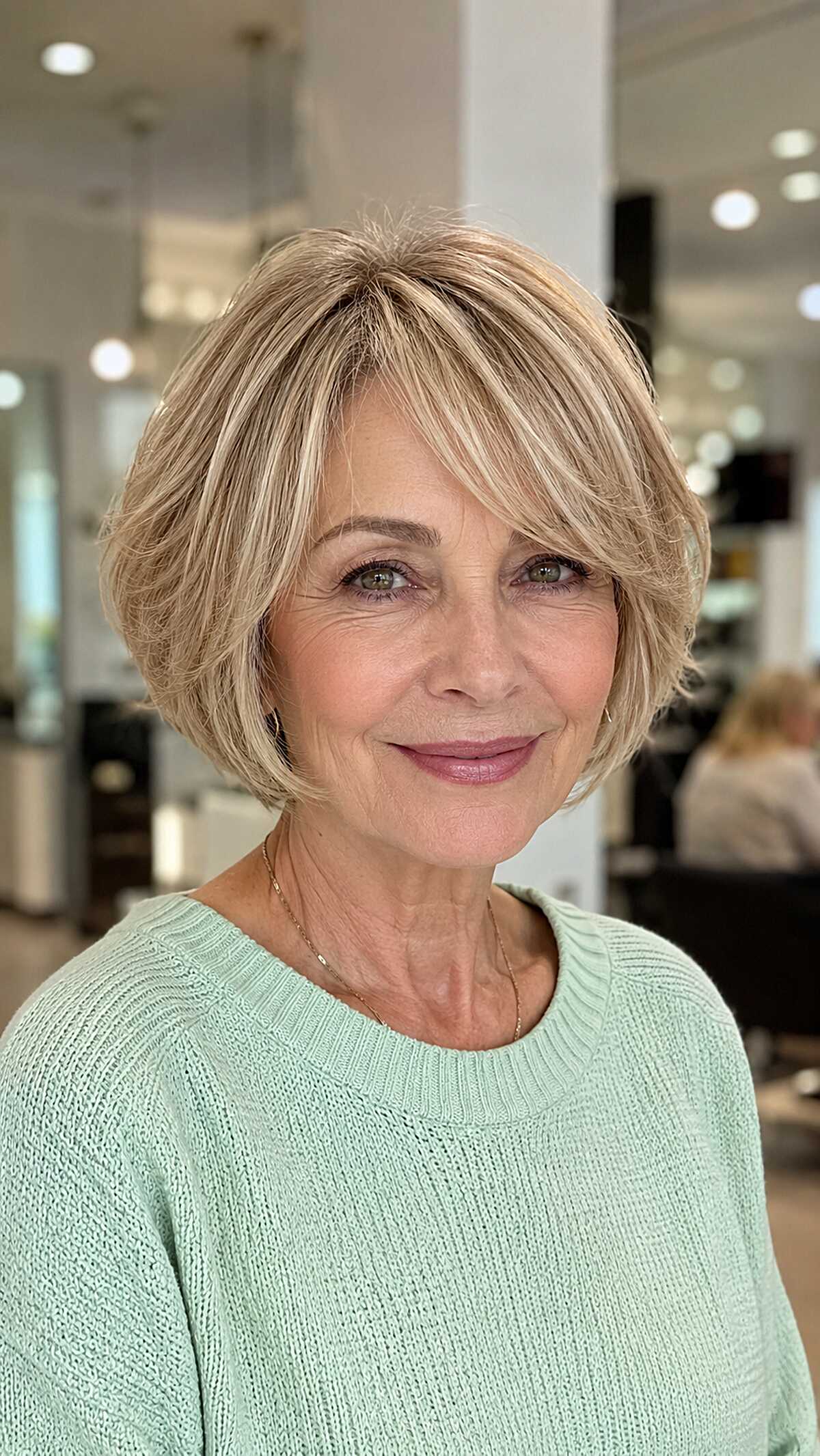 Layered honey blonde bob with feathered bangs