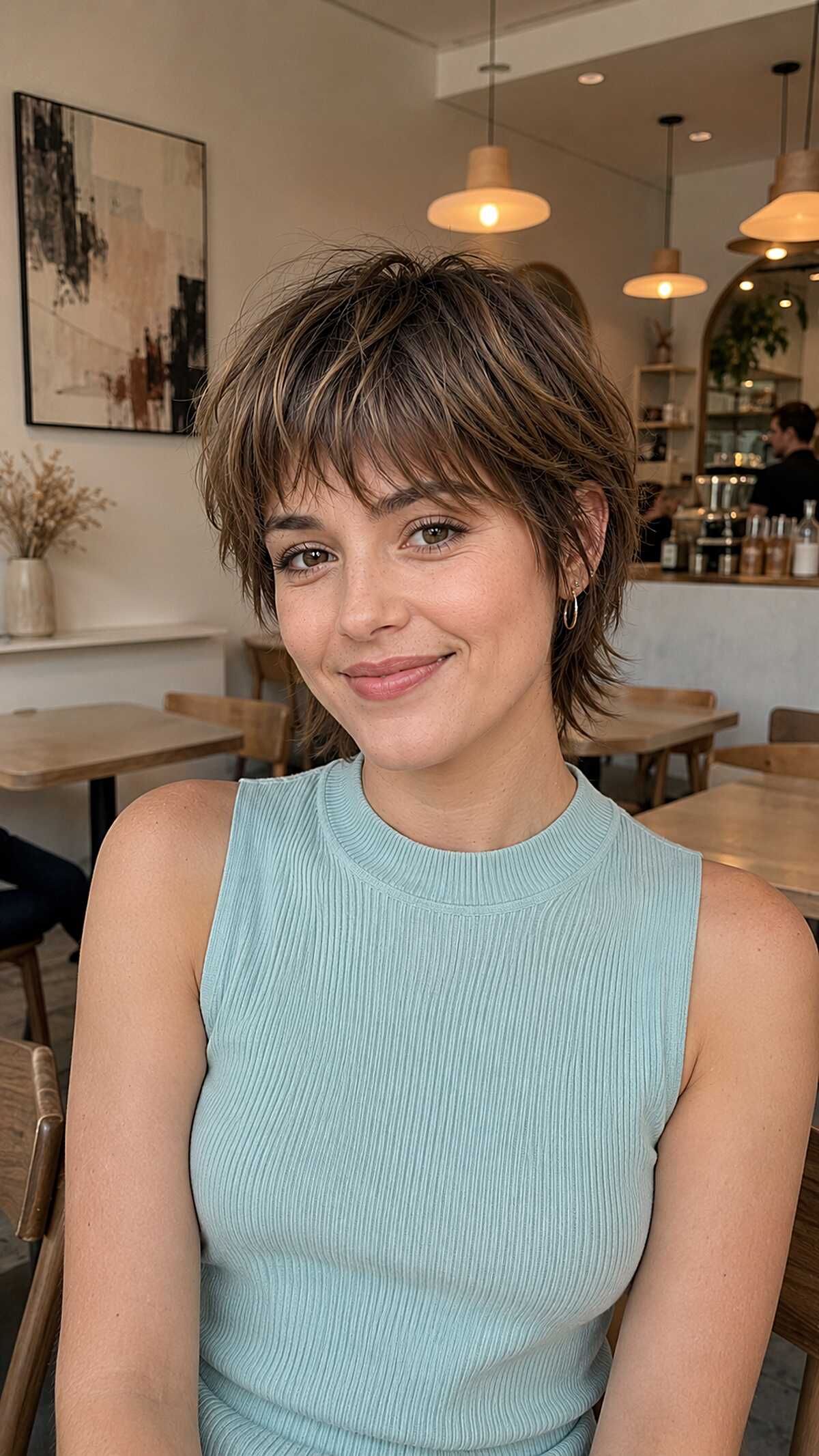 Light brown shaggy pixie with feathered razored ends