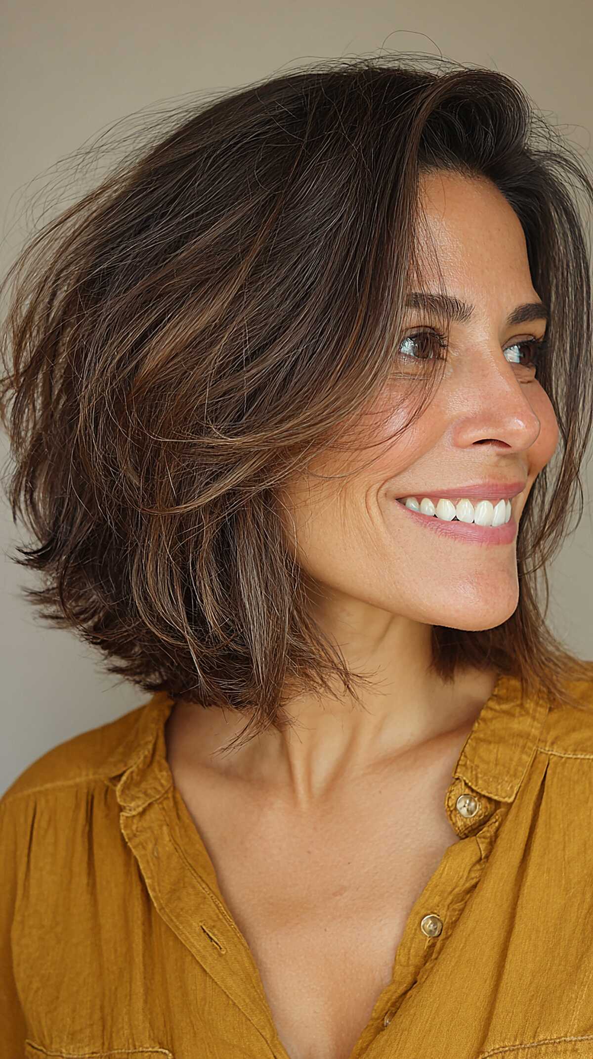 Lived-In Brunette Bob with Razored Ends and Natural Lift