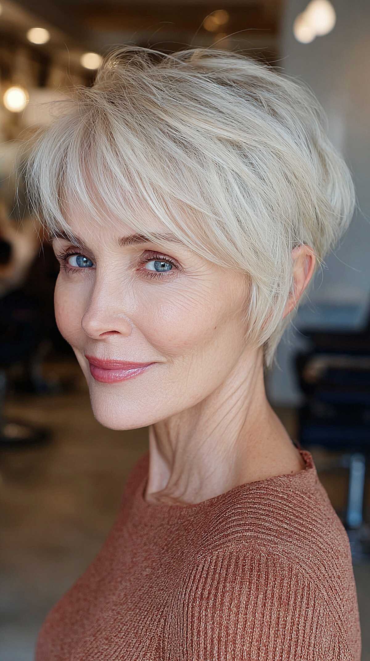 Platinum blonde feathered pixie with wispy bangs