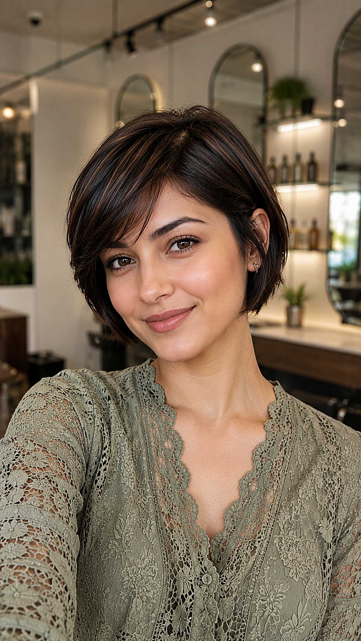 Polished dark brown short bob with tucked razored ends