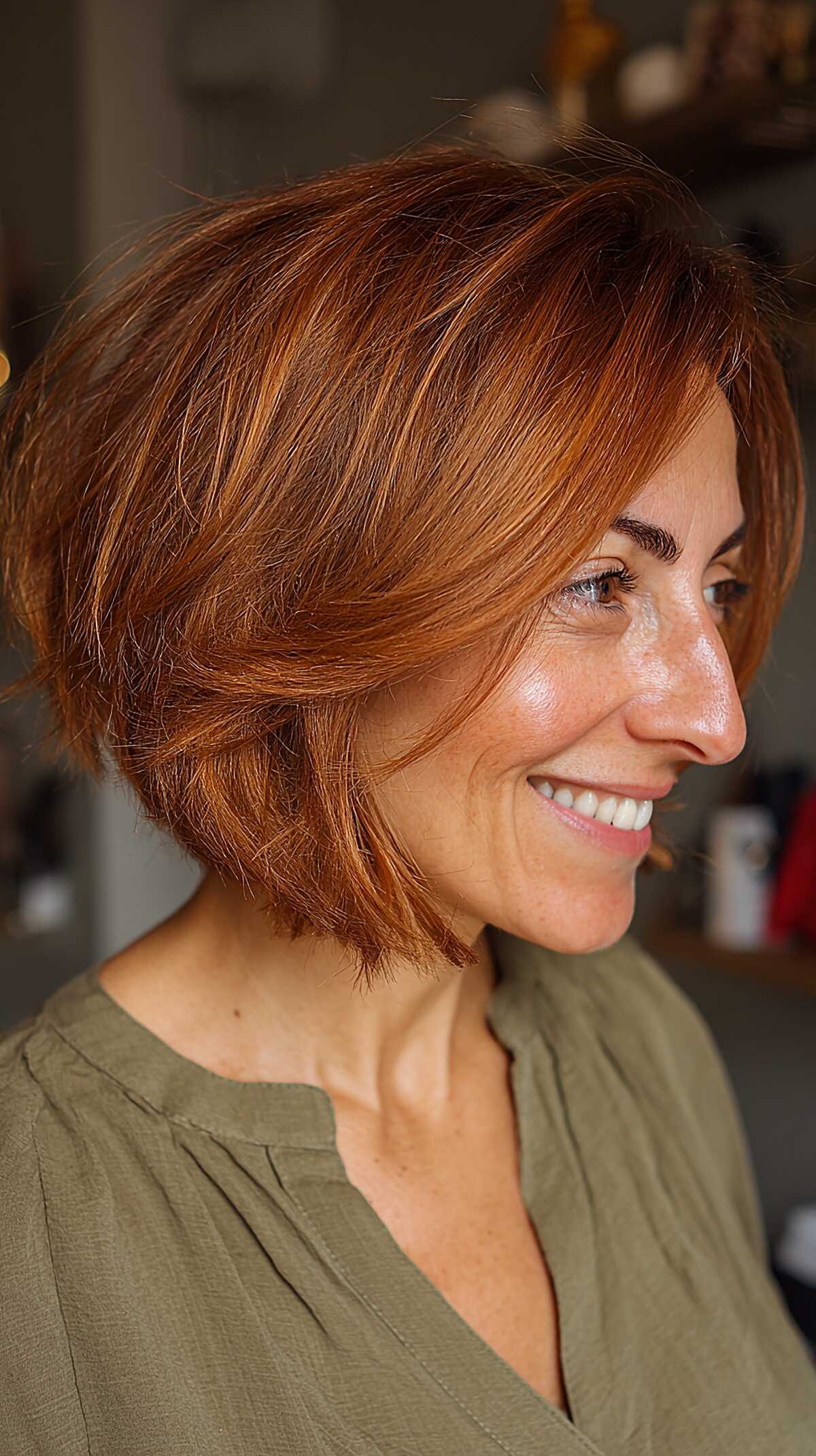 Rich Copper Textured Bob with Piecey Feathered Ends