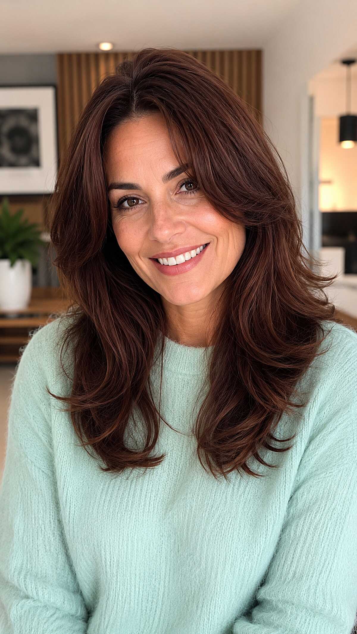 Rich Mahogany Butterfly Cut with Loose Waves and Bangs