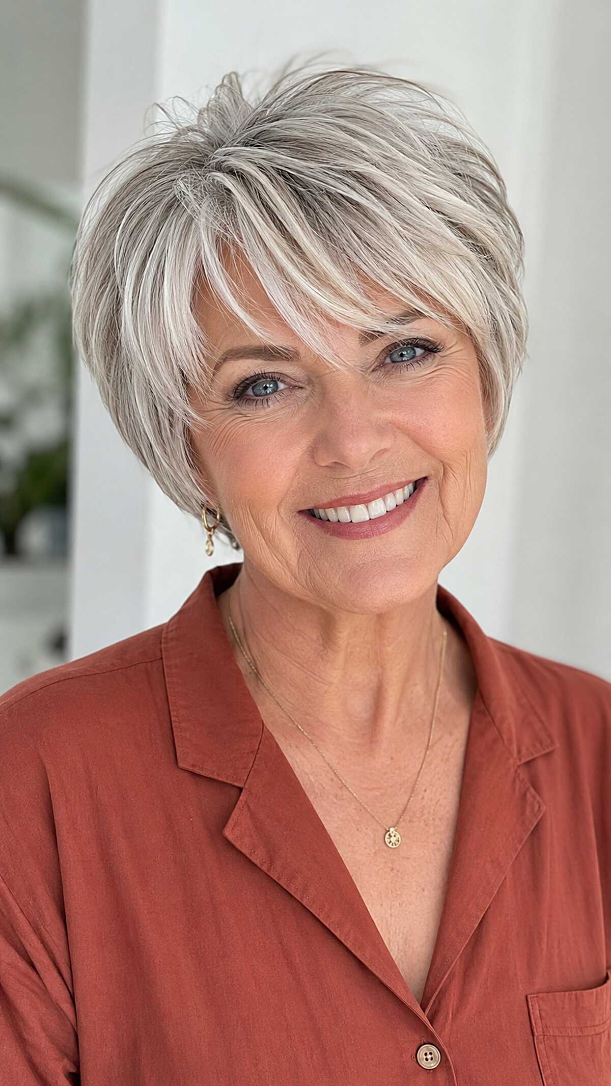Salt-and-pepper layered pixie with long wispy fringe