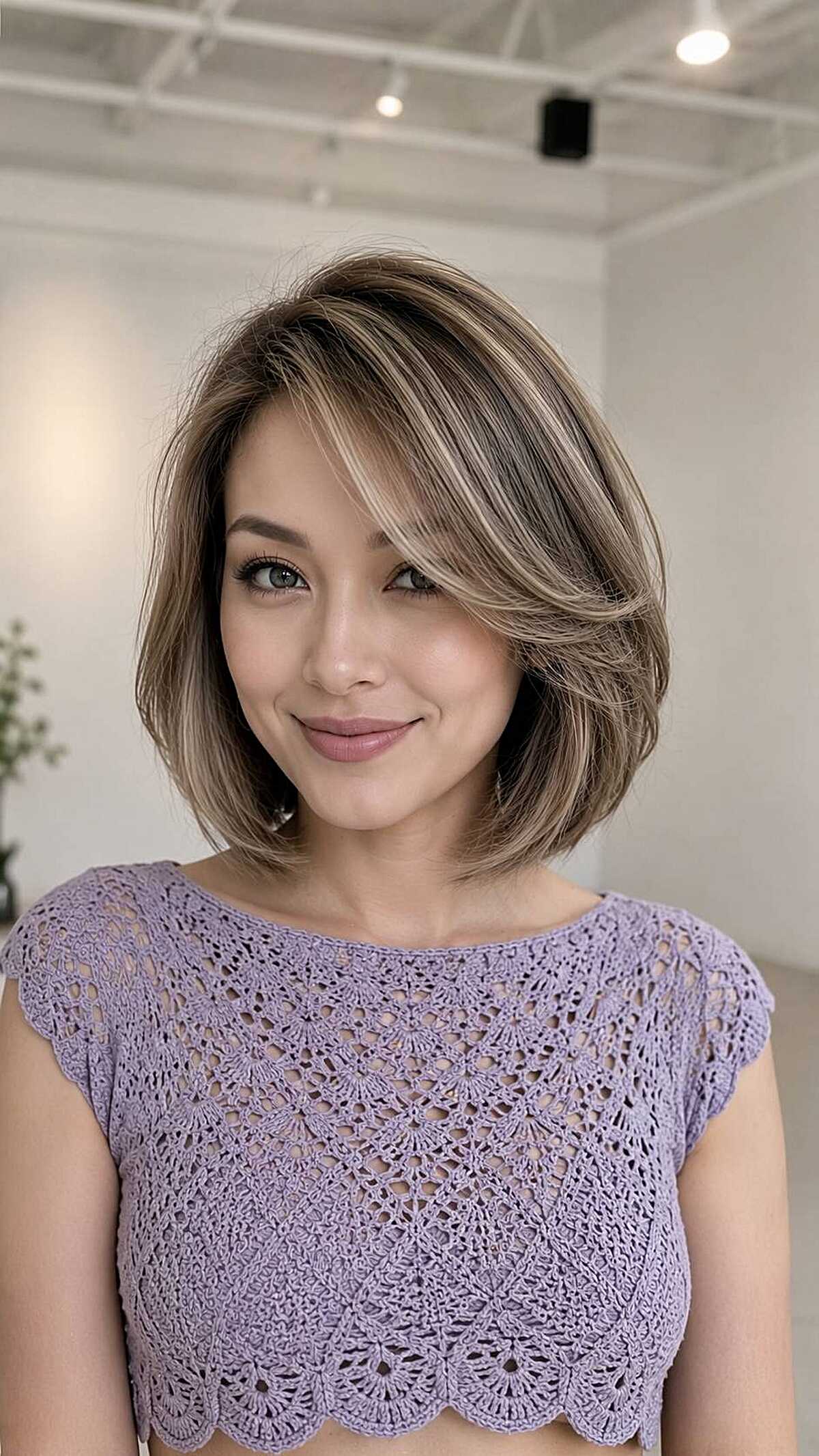 Sandy blonde chin-length bob with feathered side bangs