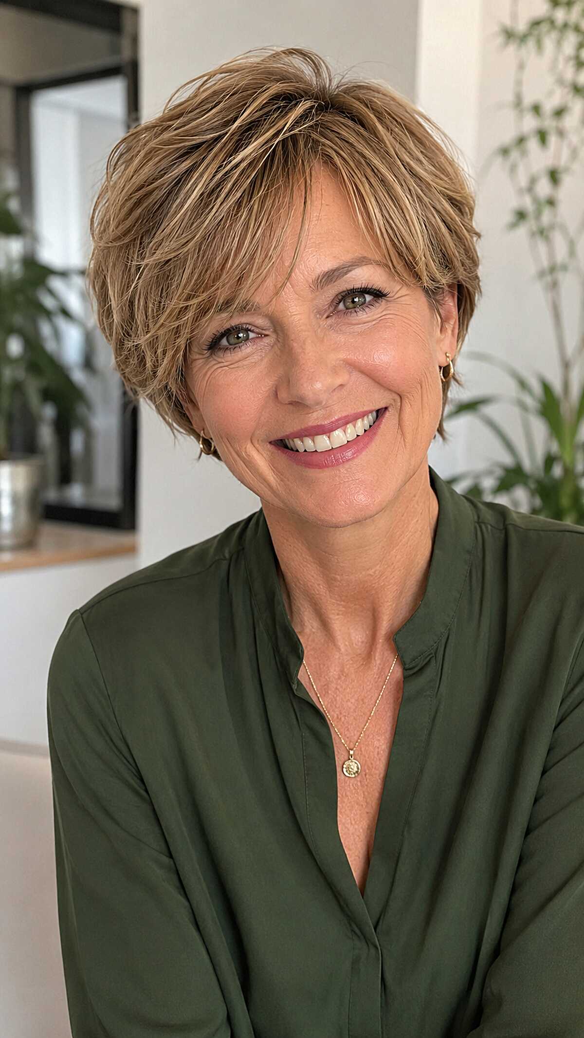 Sandy Blonde Feathered Crop With Dimensional Highlights