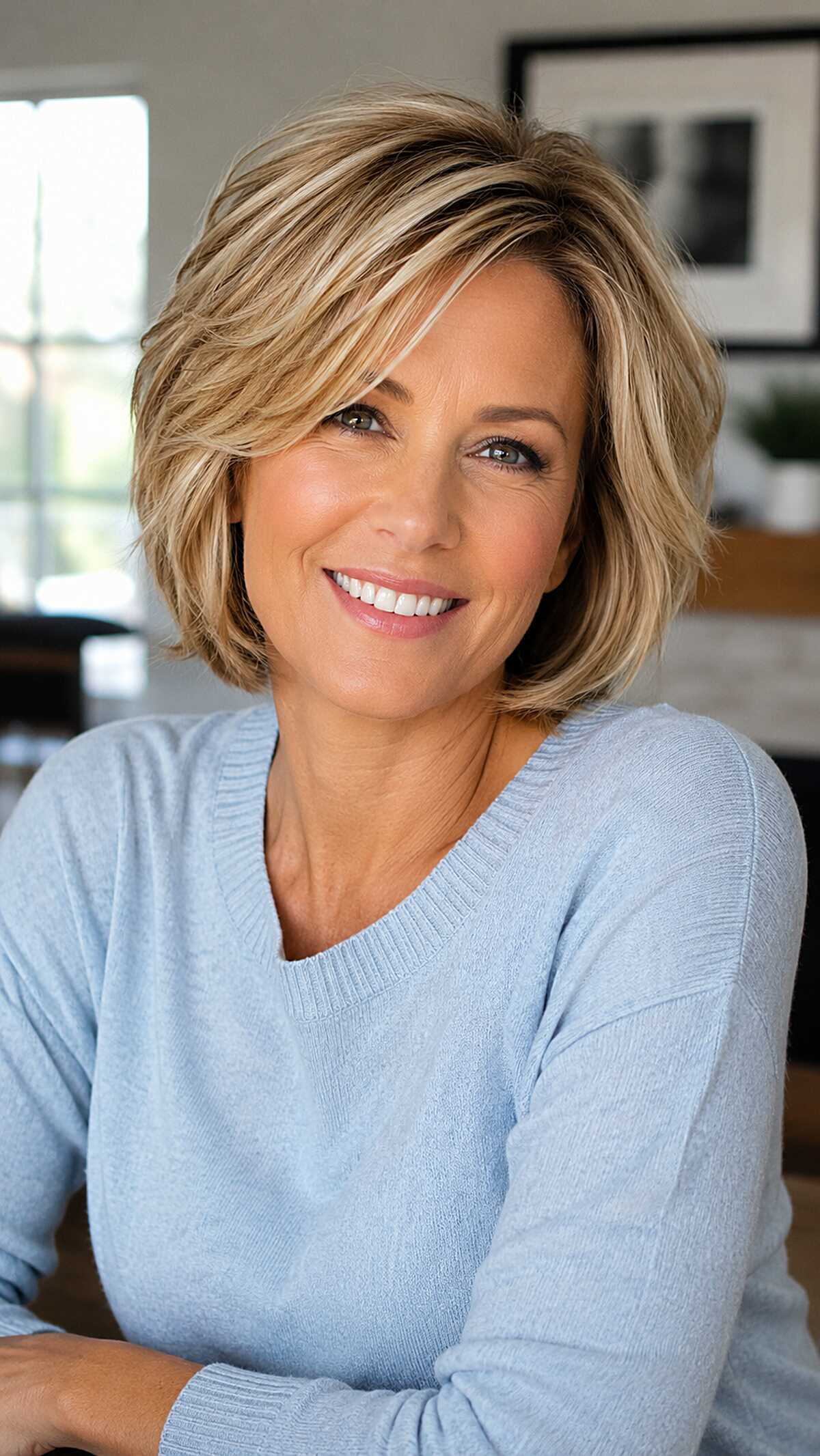 Sandy Blonde Layered Bob with Face-Framing Sweep