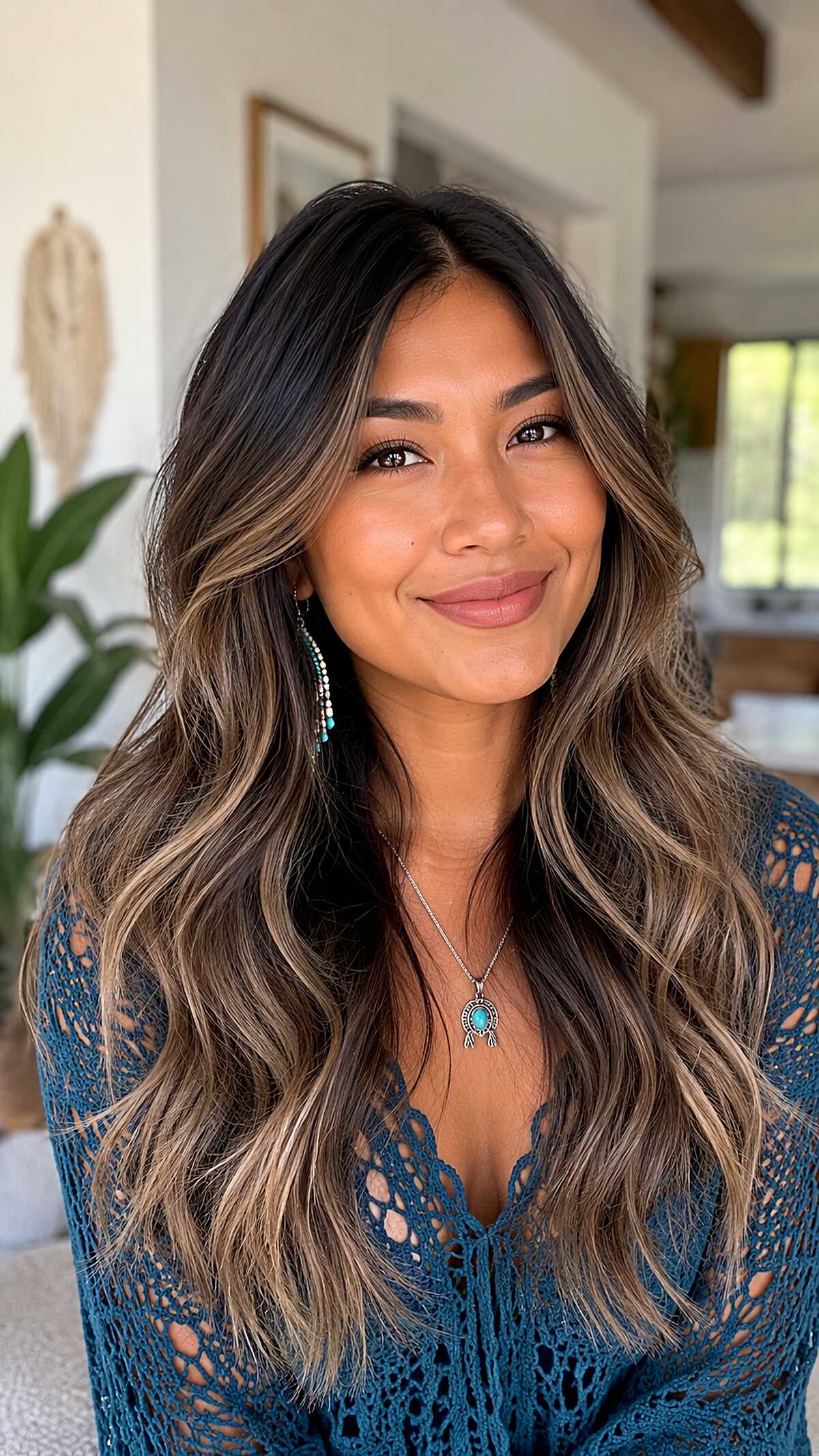 Sandy Bronde Balayage on Long Loose Waves with a Deep Side Part