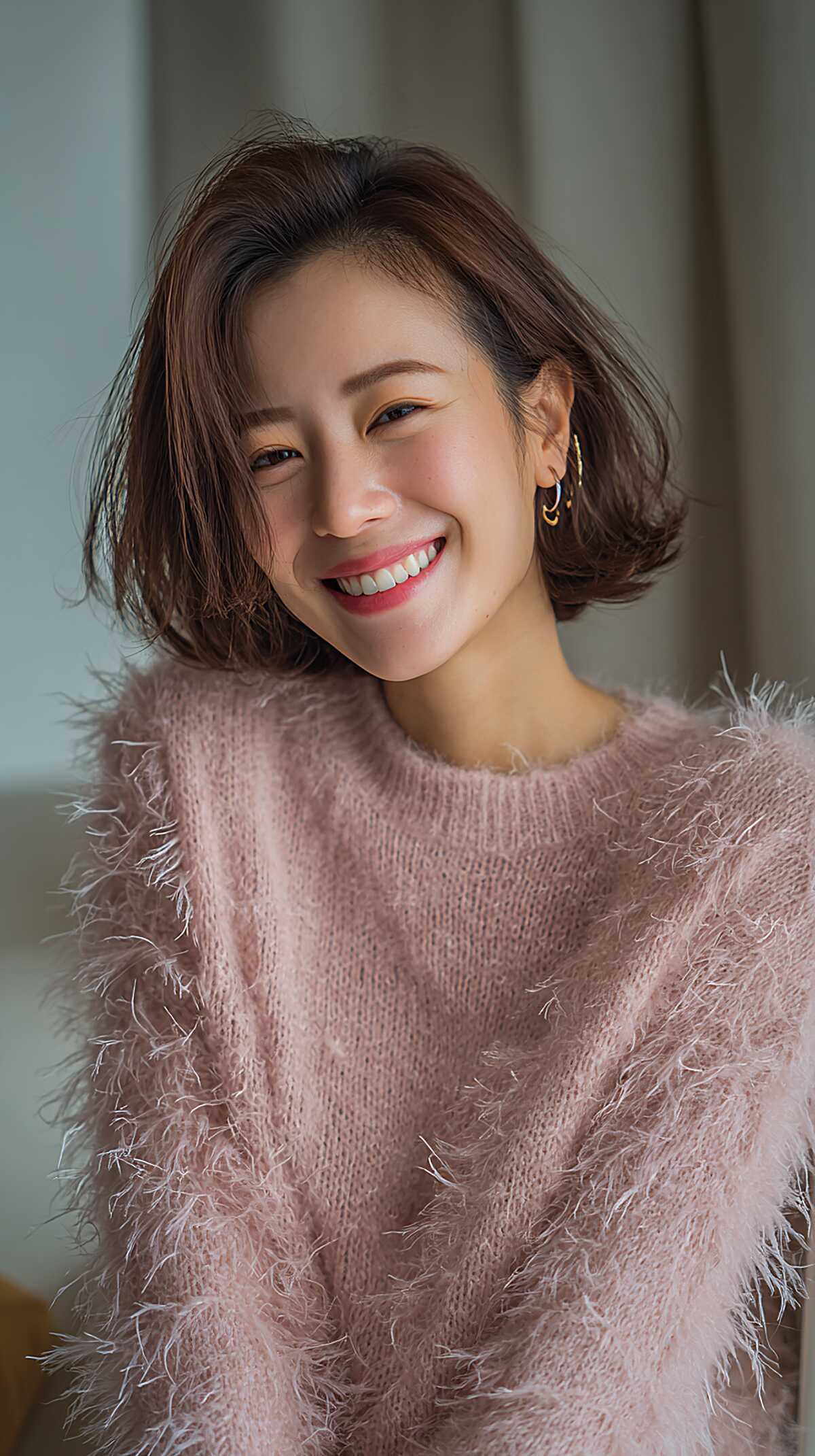 Side-Parted Brunette Bob with Feathered Flip and Natural Bend