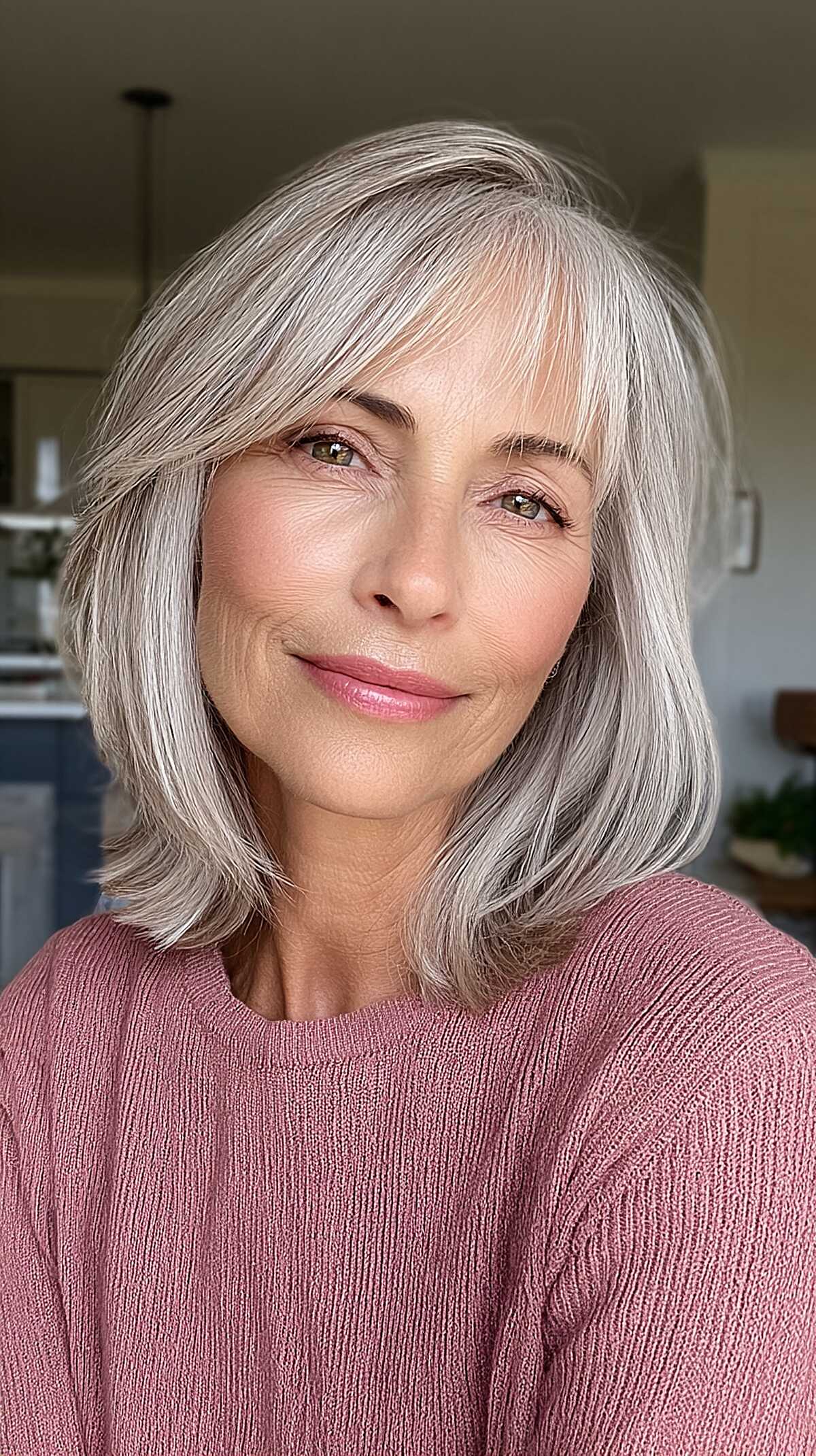 Silver shoulder-length lob with curtain fringe layers