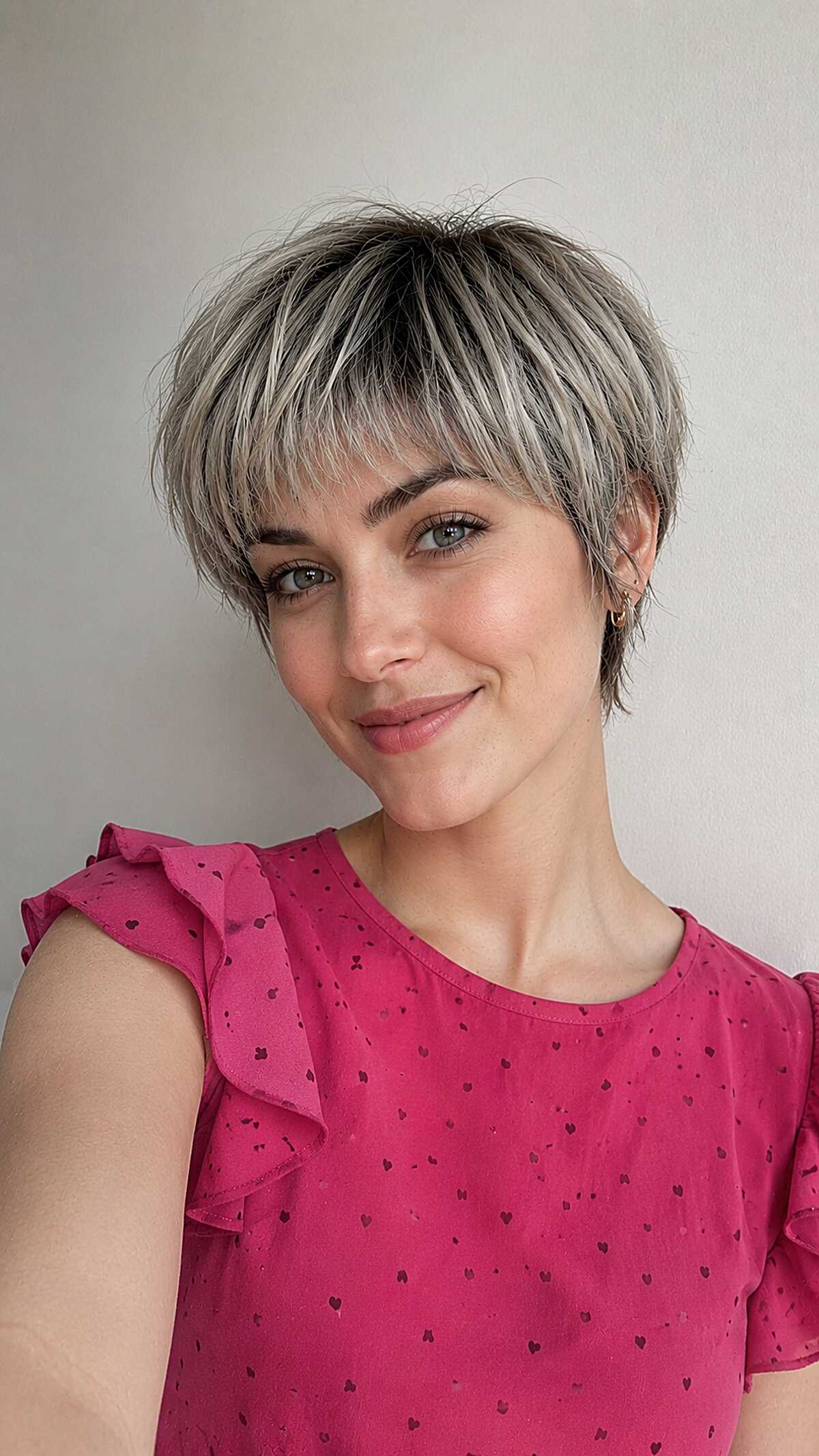Silver and ash pixie cut with dense razored fringe