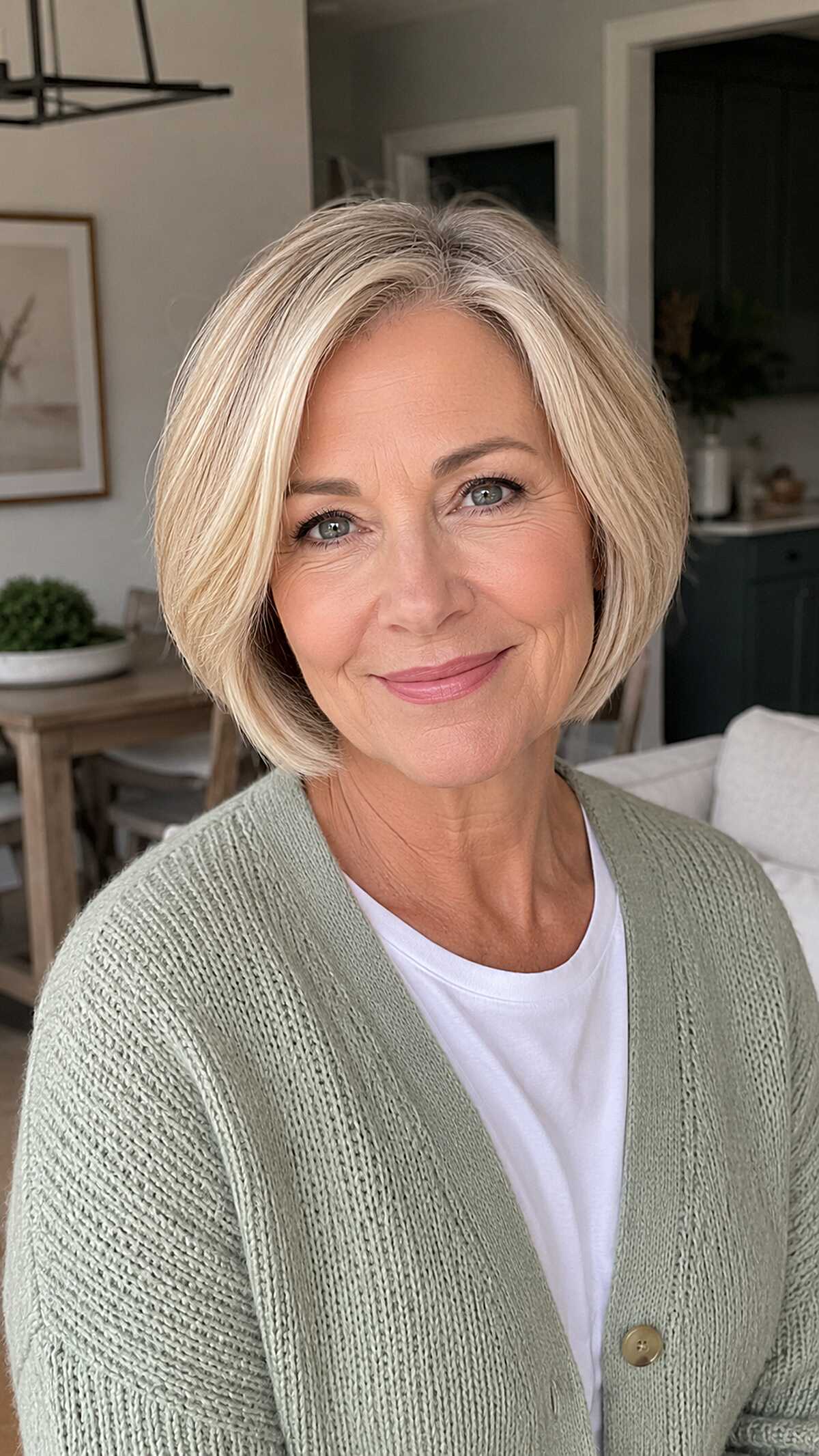 Smooth blonde chin-length bob with face-framing layers