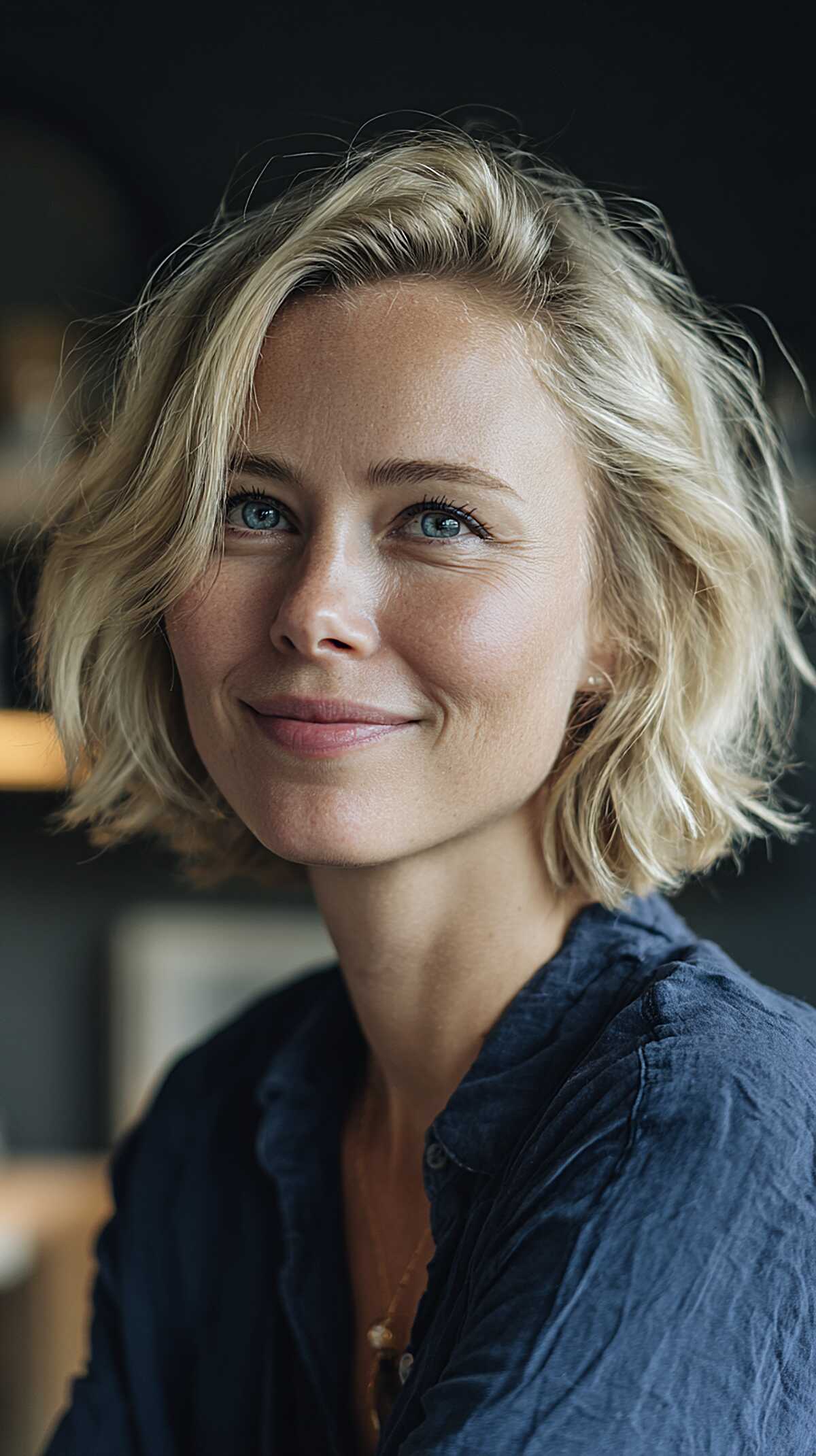 Soft Blonde Chin-Length Bob with Loose Wave and Natural Root Shadow