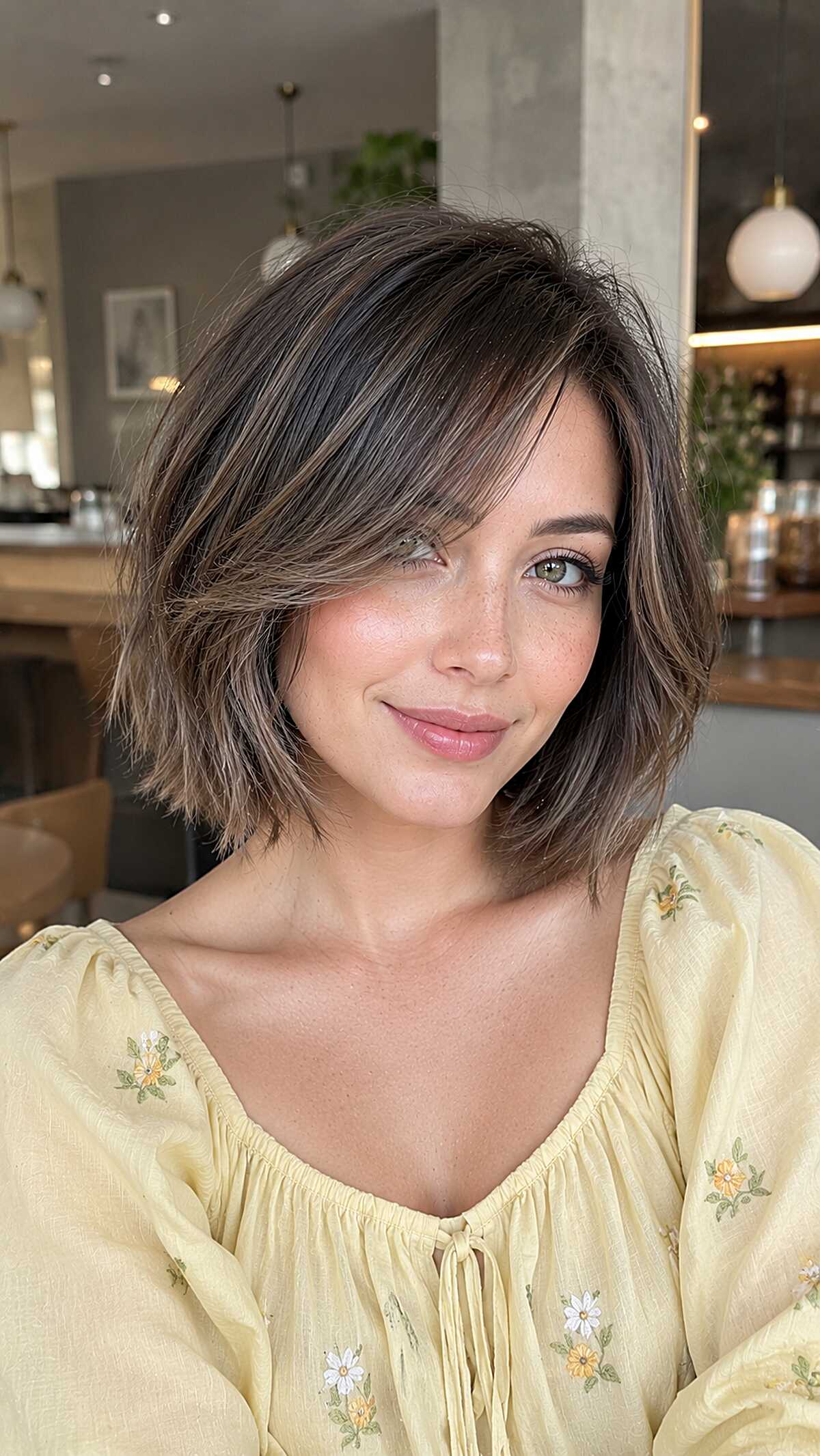 Brunette layered bob with feathered side bangs and highlights