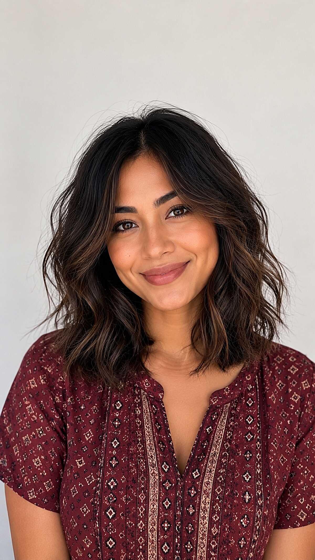 Soft Chestnut Melt on a Wavy Collarbone Lob