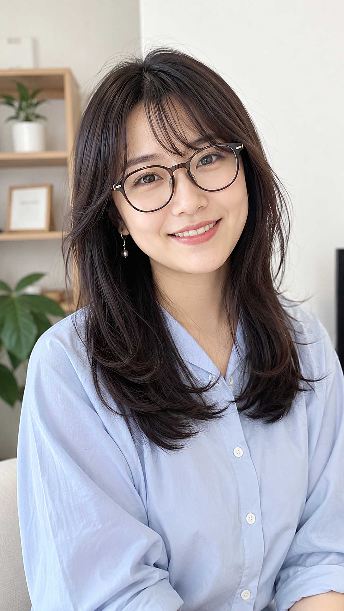 Soft Dark Butterfly Layers with Wispy Bangs and Glasses