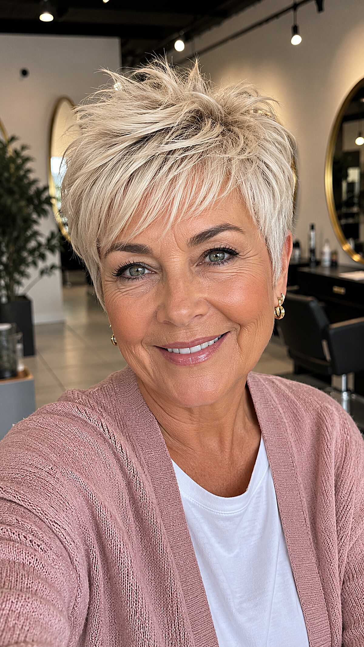 Spiky platinum pixie with dramatic top texture