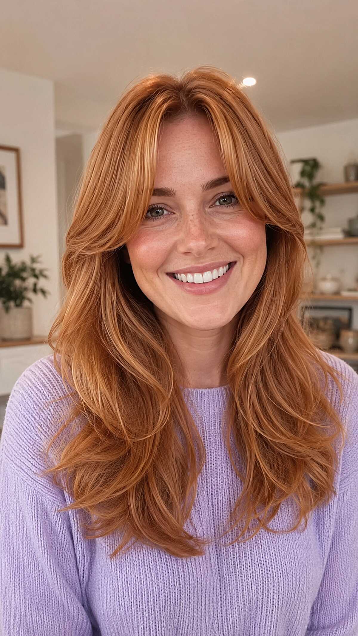 Strawberry Copper Butterfly Cut with Loose Curtain Bangs