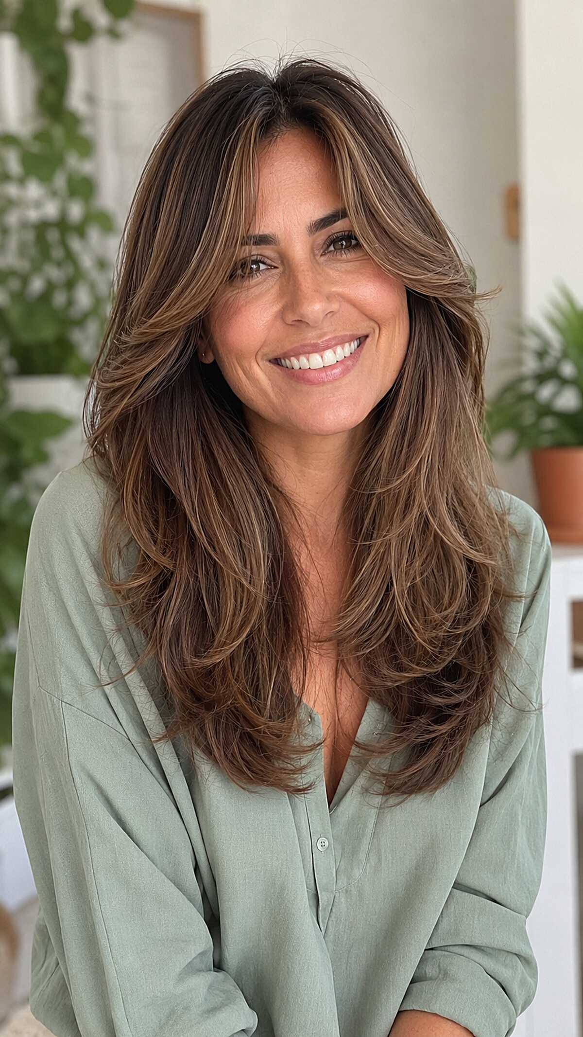 Sun-Kissed Brunette Butterfly Cut with Caramel Highlights
