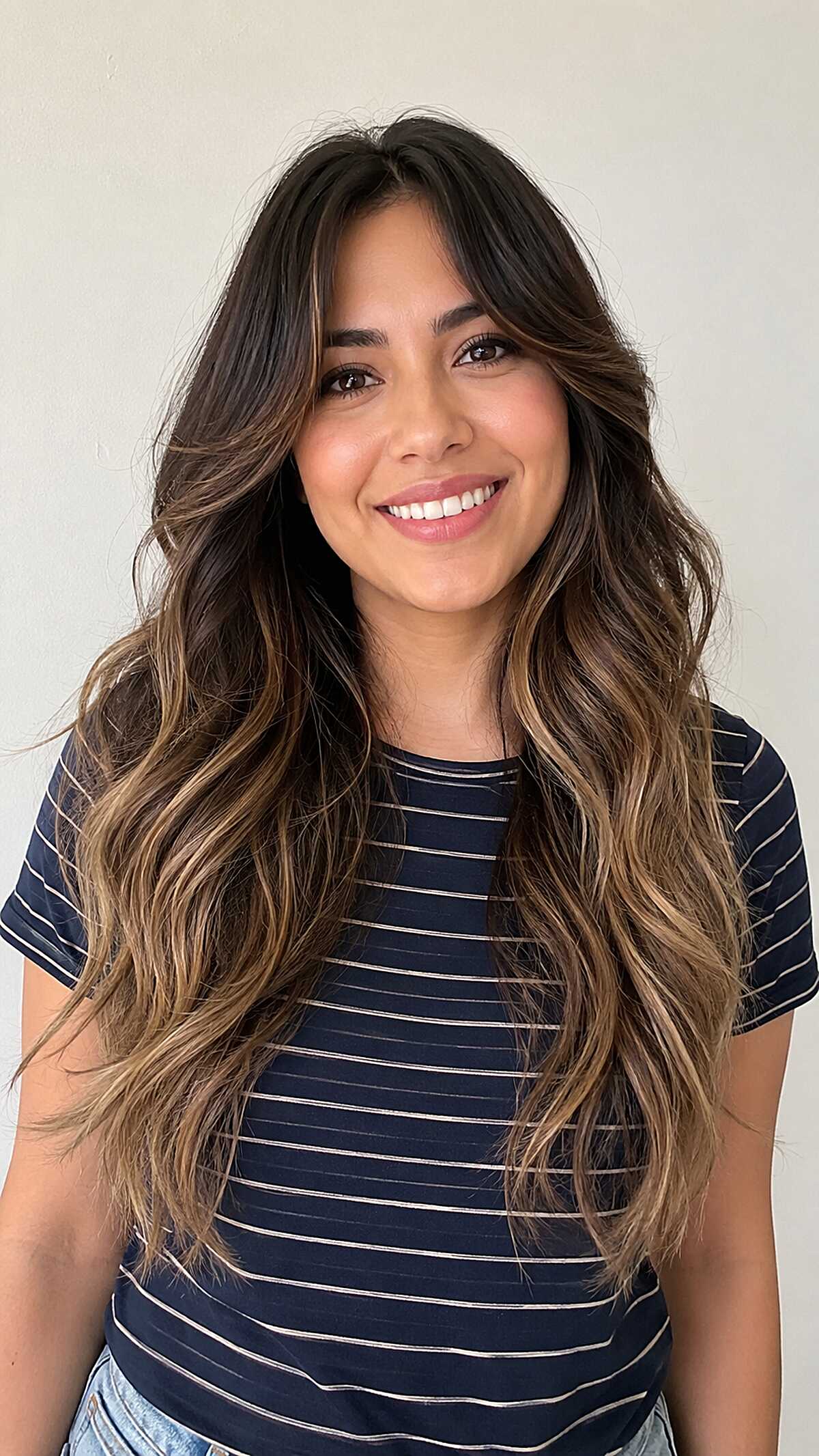 Sun-Warmed Bronde Melt on Long Wavy Hair with Soft Curtain Layers