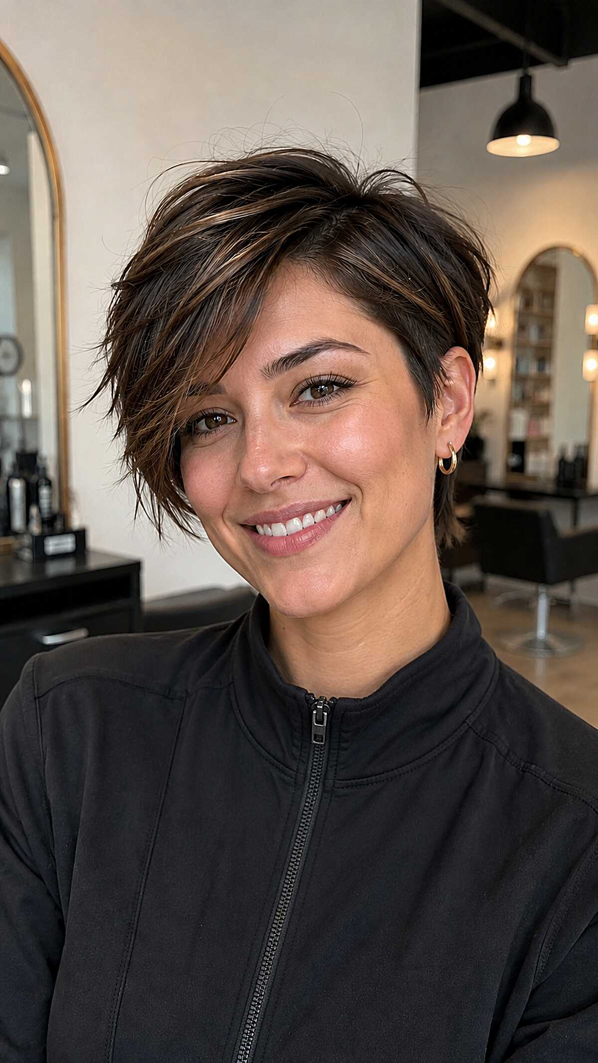Asymmetric dark pixie with caramel highlights swept aside