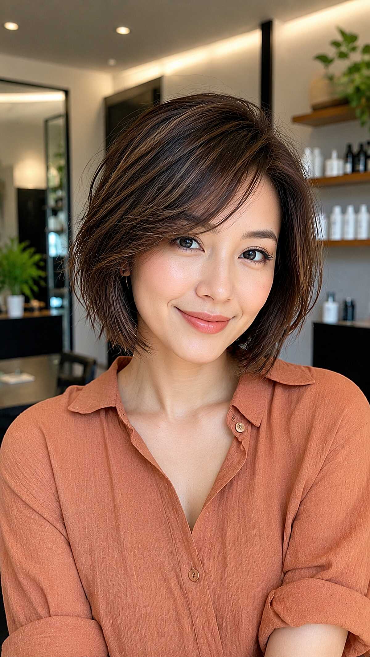 Brown textured bob with piecey side fringe and highlights