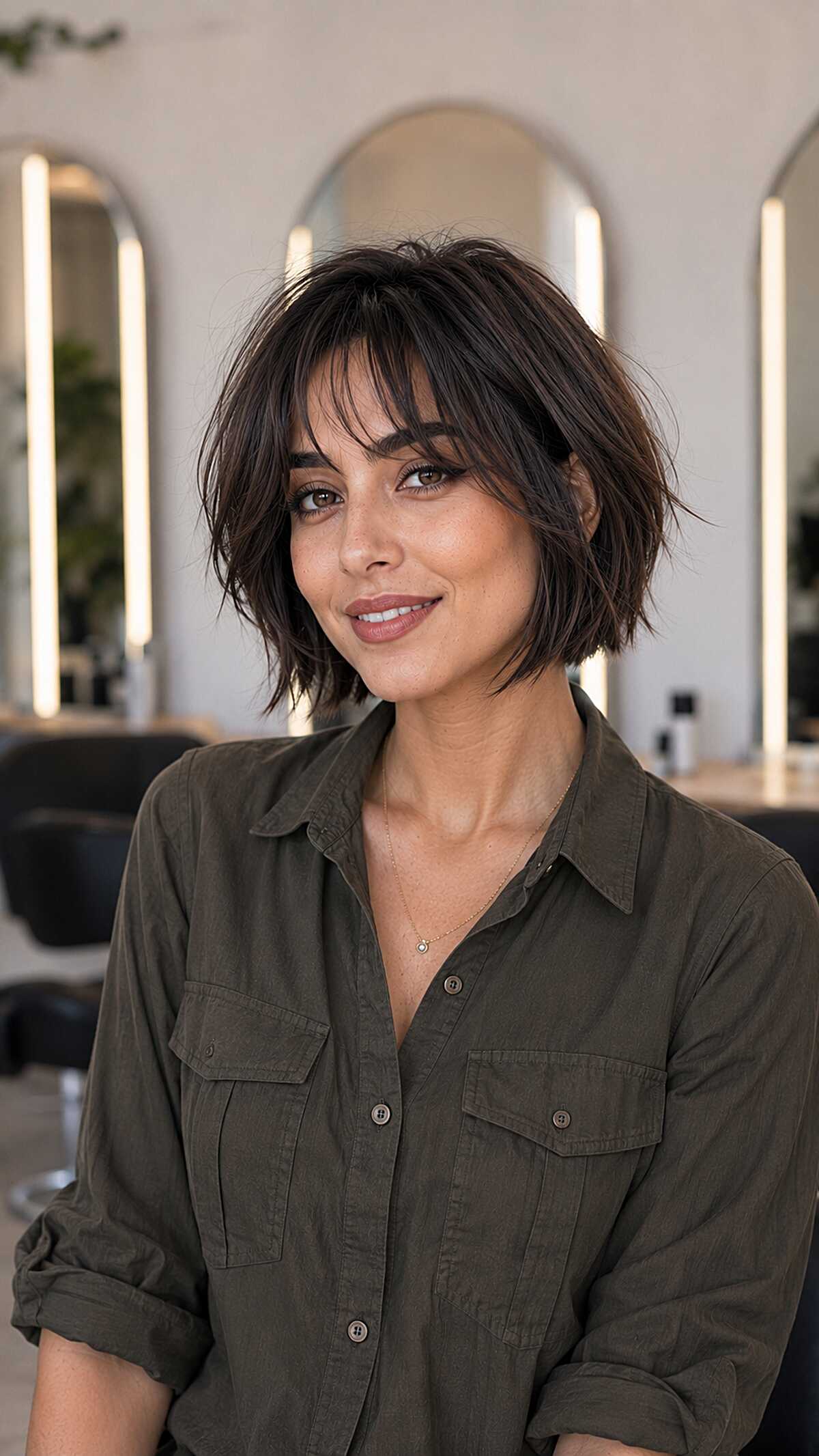 Dark chocolate textured bob with center-parted fringe