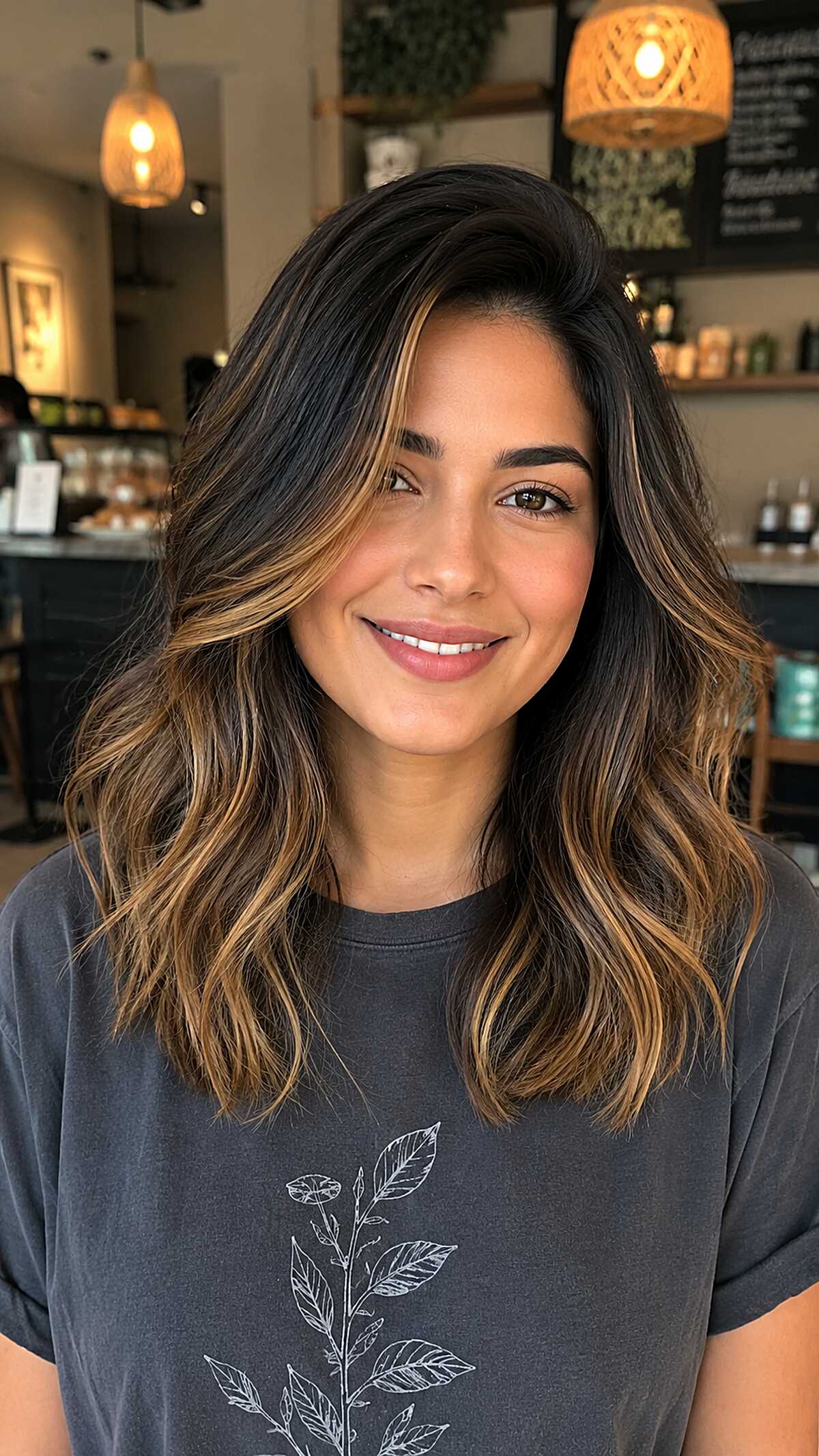 Toffee Caramel Balayage on a Medium Wavy Center-Part Lob