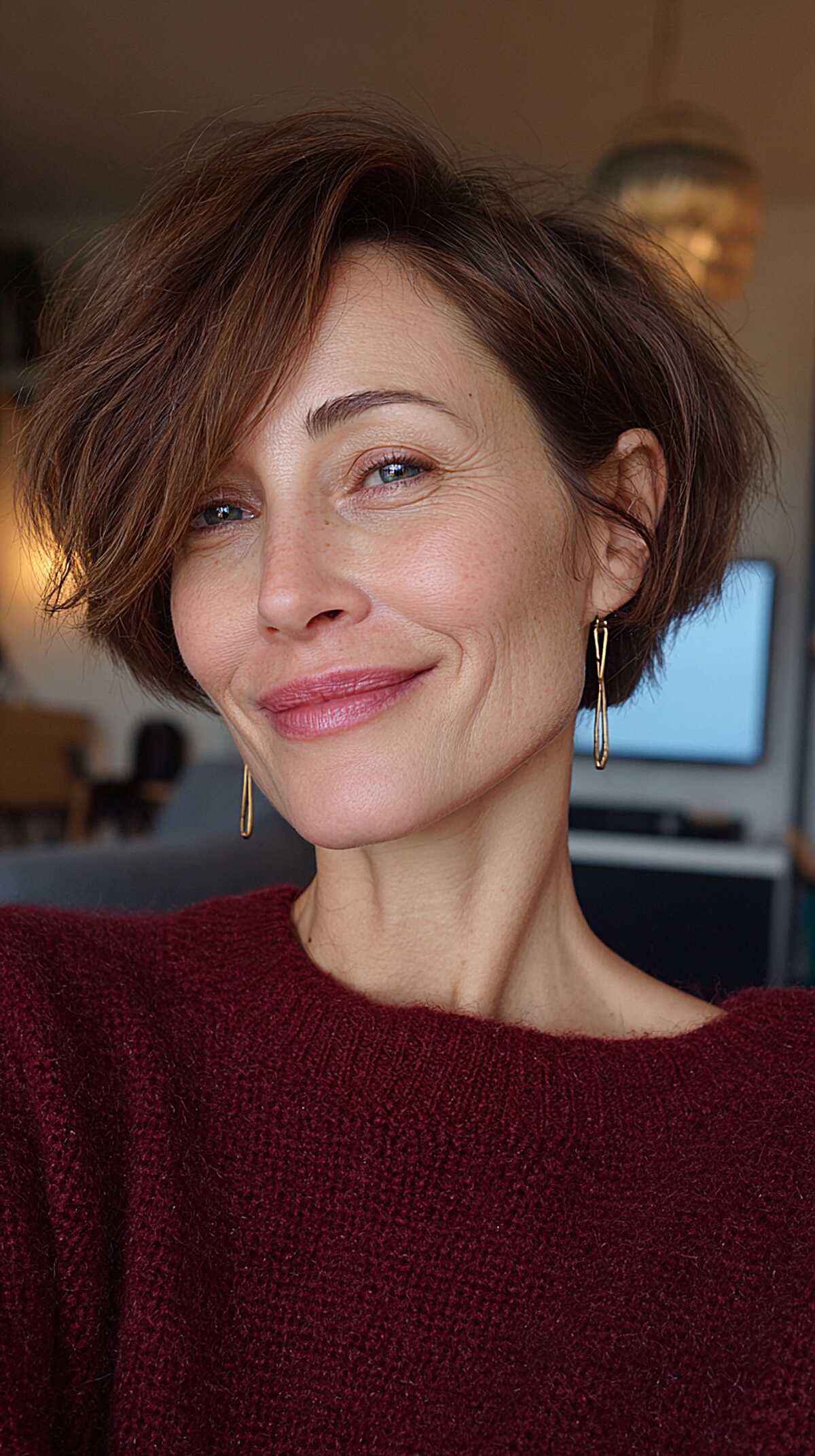 Tousled Chestnut Chin-Length Bixie With Undone Texture