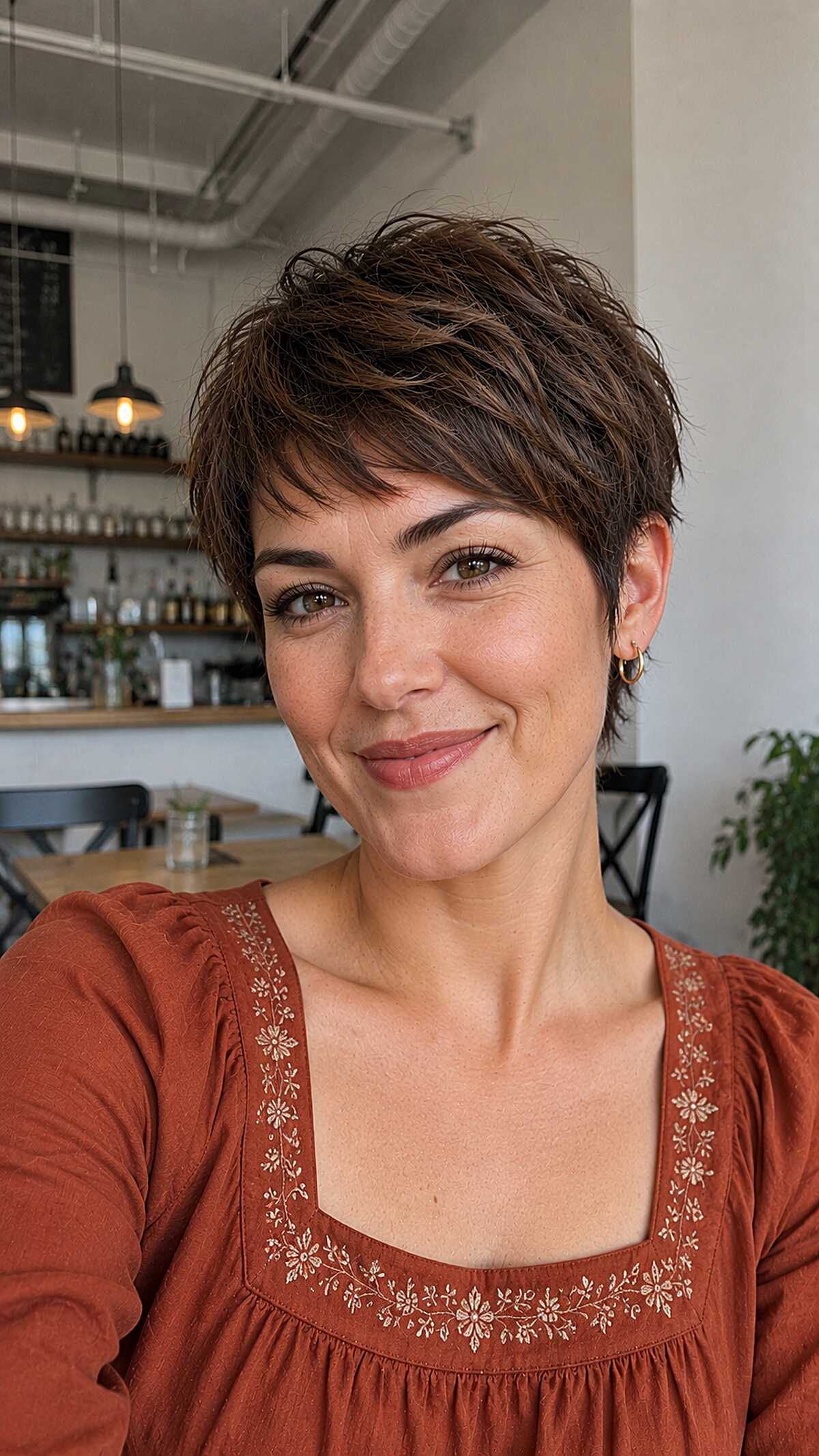 Tousled chestnut brown pixie cut with warm tones