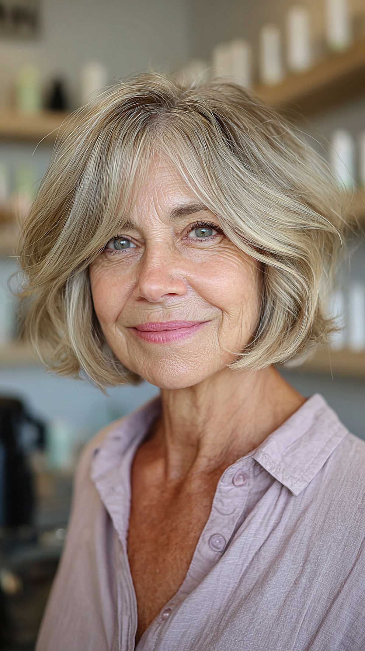 Tousled chin-length bob with curtain bangs in warm blonde