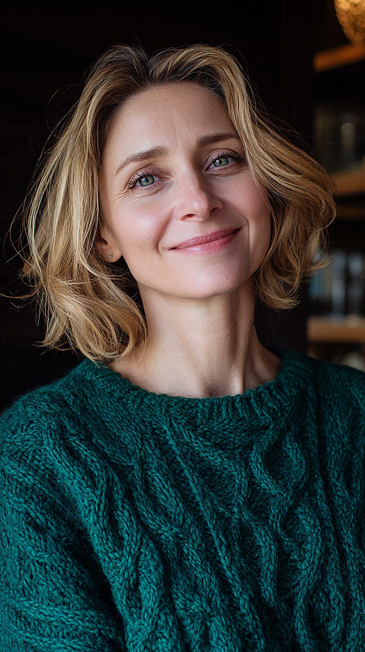 Tousled Chin-Length Feathered Bob with Warm Blonde Dimension