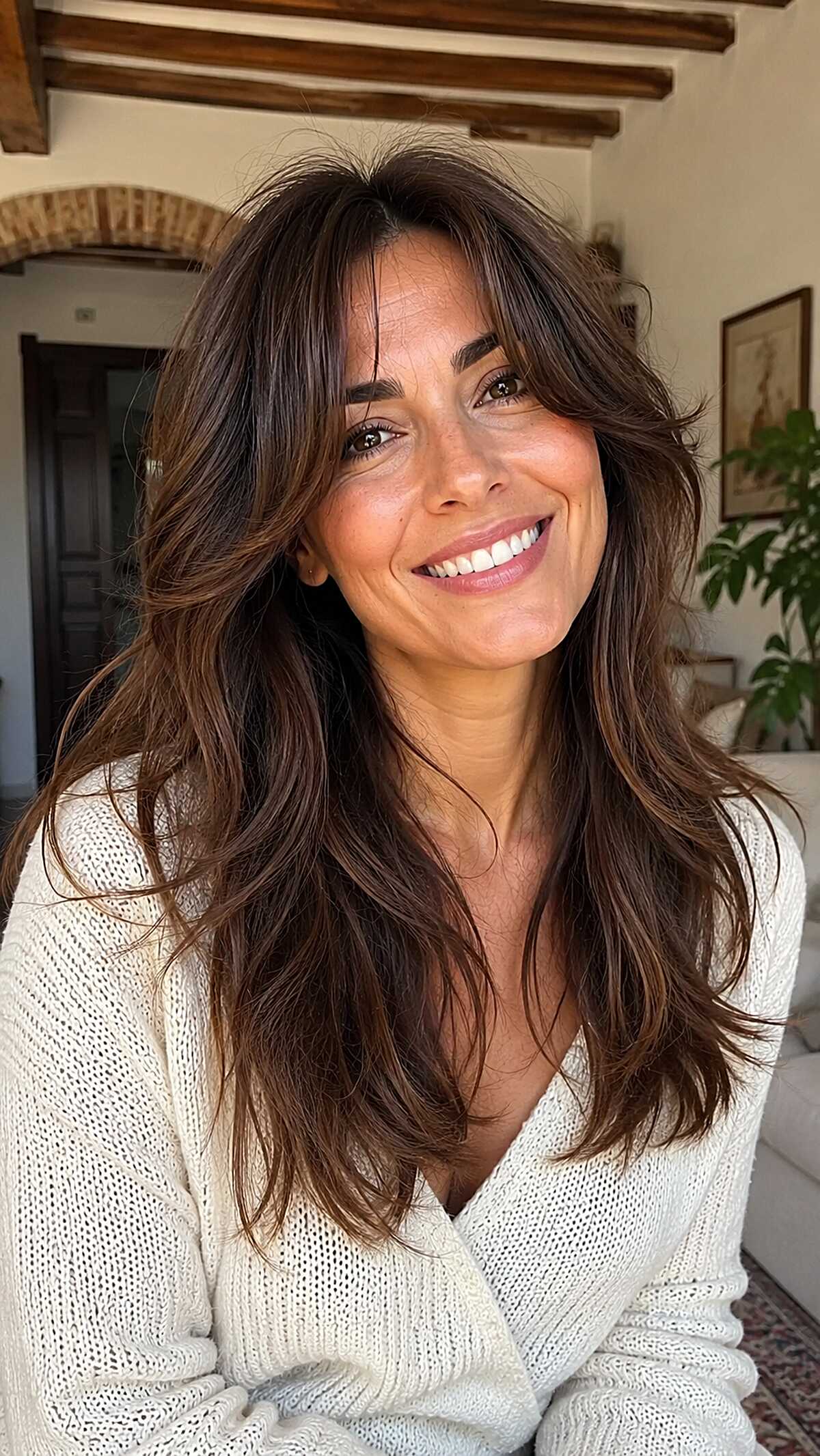 Tousled Long Brunette Butterfly Cut with Lived-In Bangs