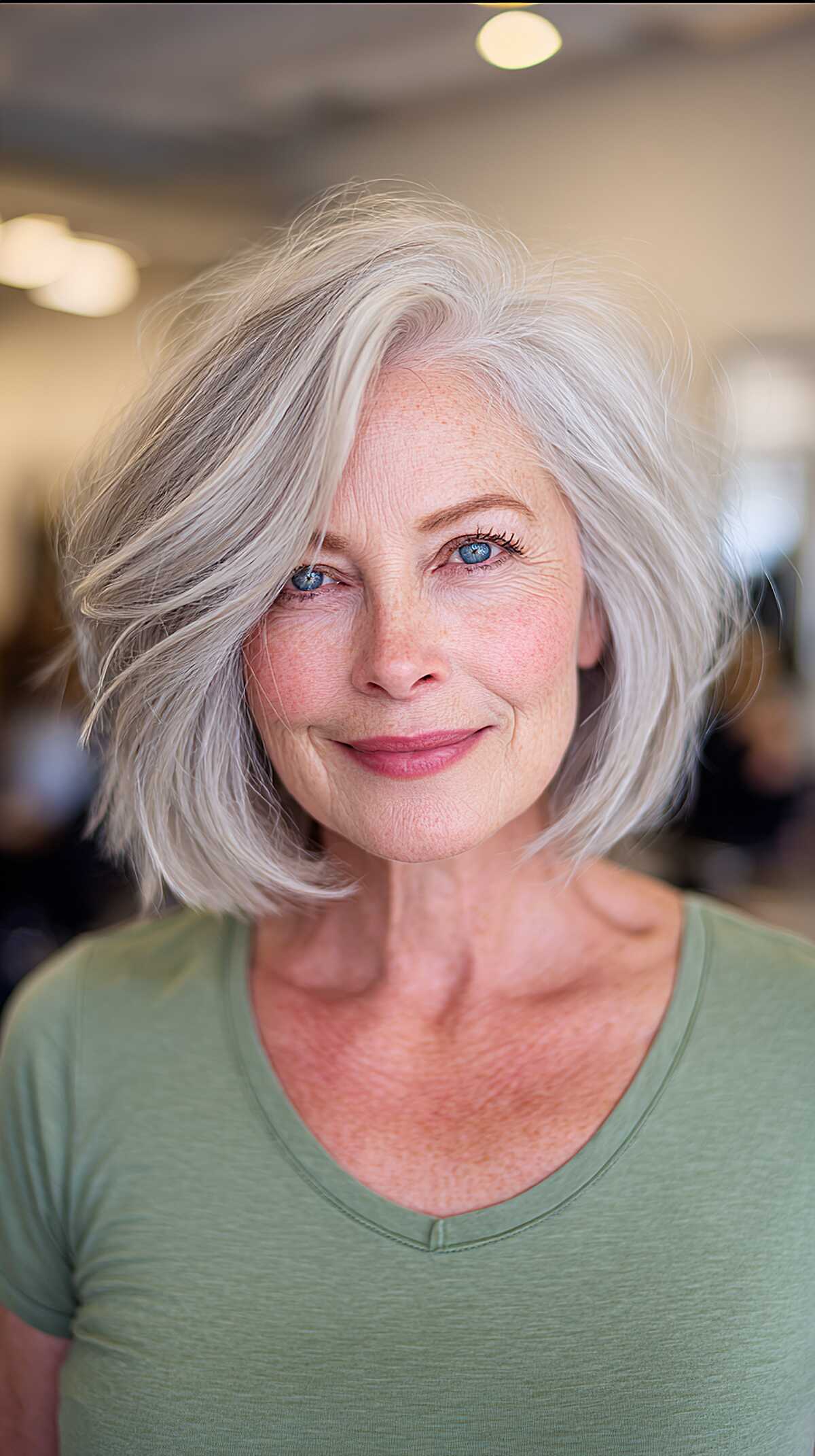 Tousled silver chin-length bob with natural volume