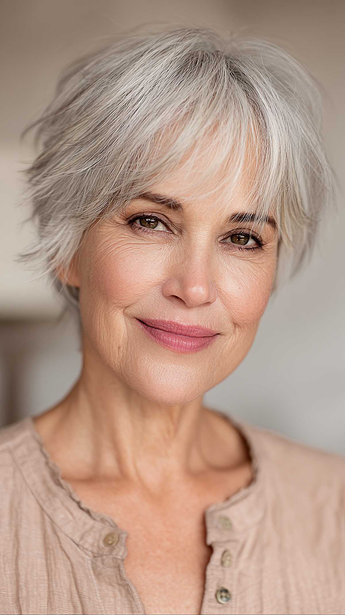 Tousled silver pixie with choppy textured fringe