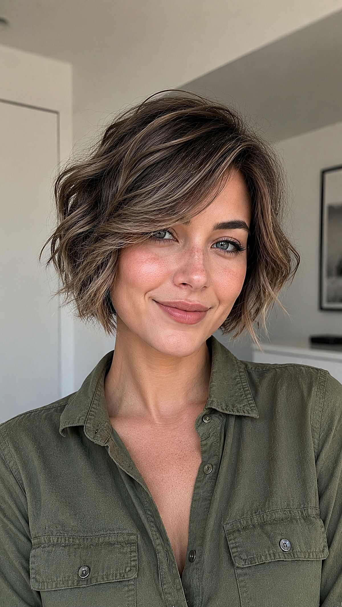Short wavy brunette bob with deep side part and bangs