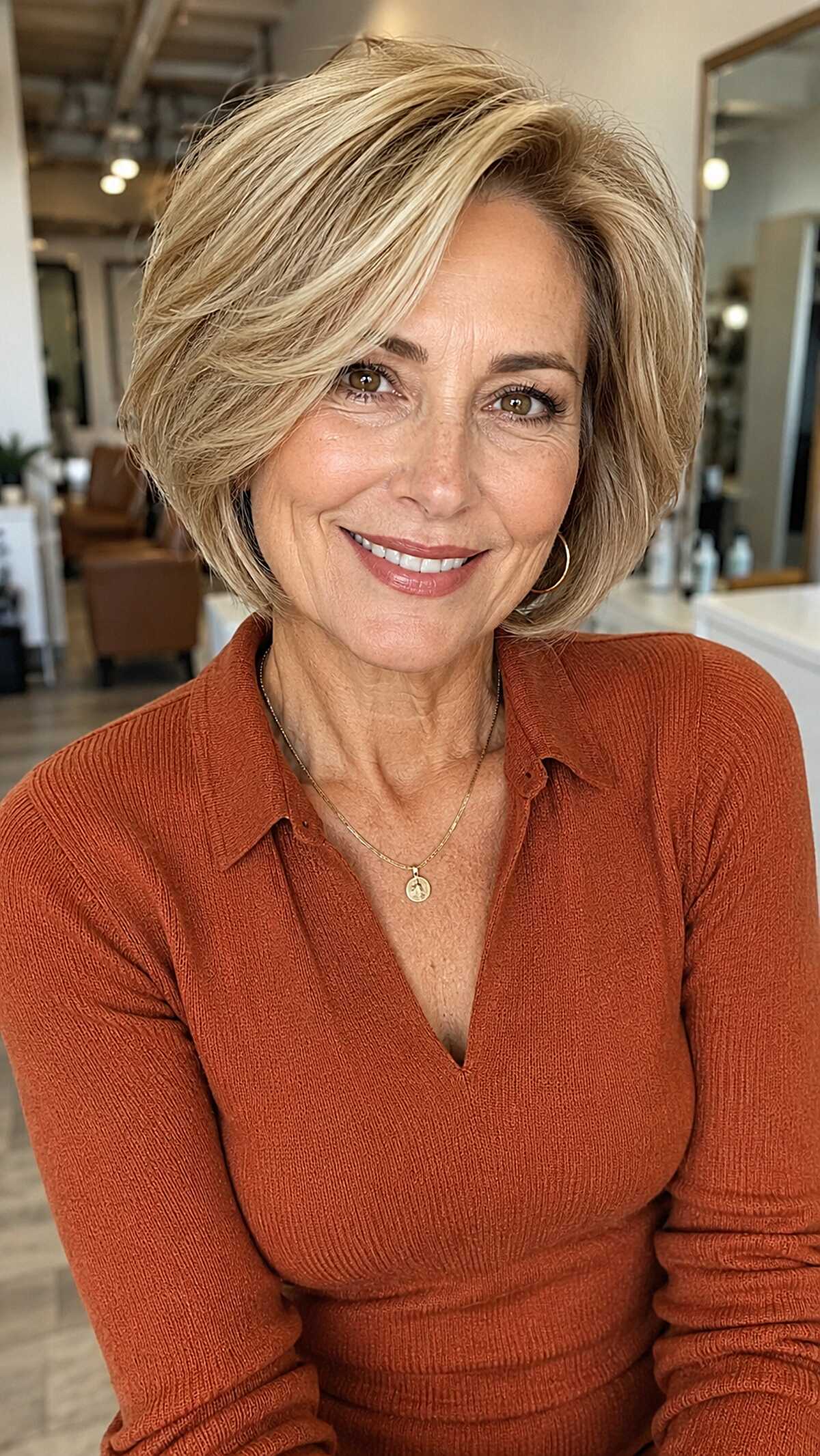 Voluminous swept-back bob with honey blonde highlights