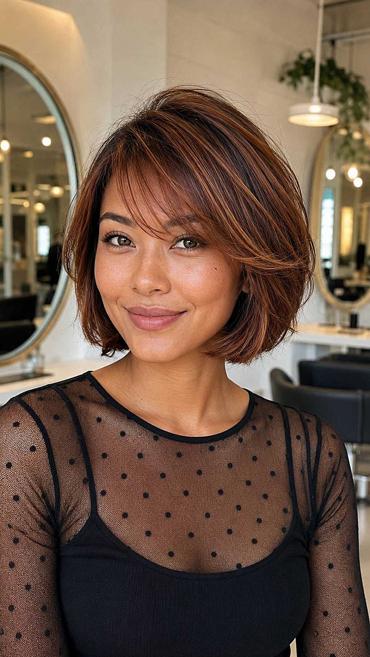 Auburn bob with copper highlights and soft side bangs
