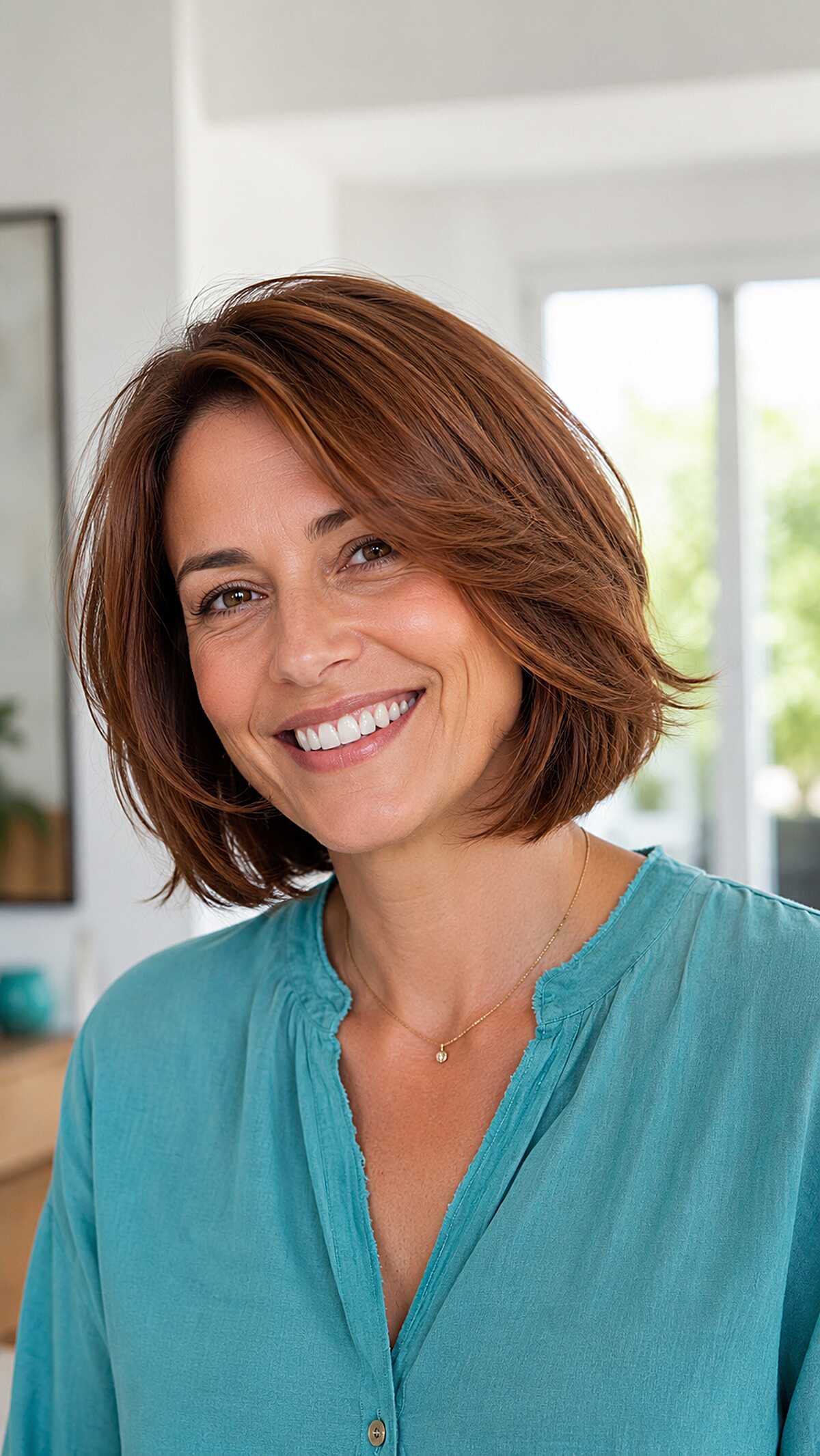 Warm Auburn Chin-Length Bob with Side-Swept Volume