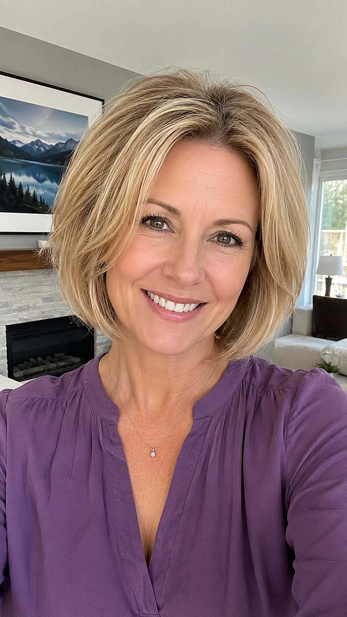 Warm Blonde Chin-Length Bob with Soft Feathered Ends
