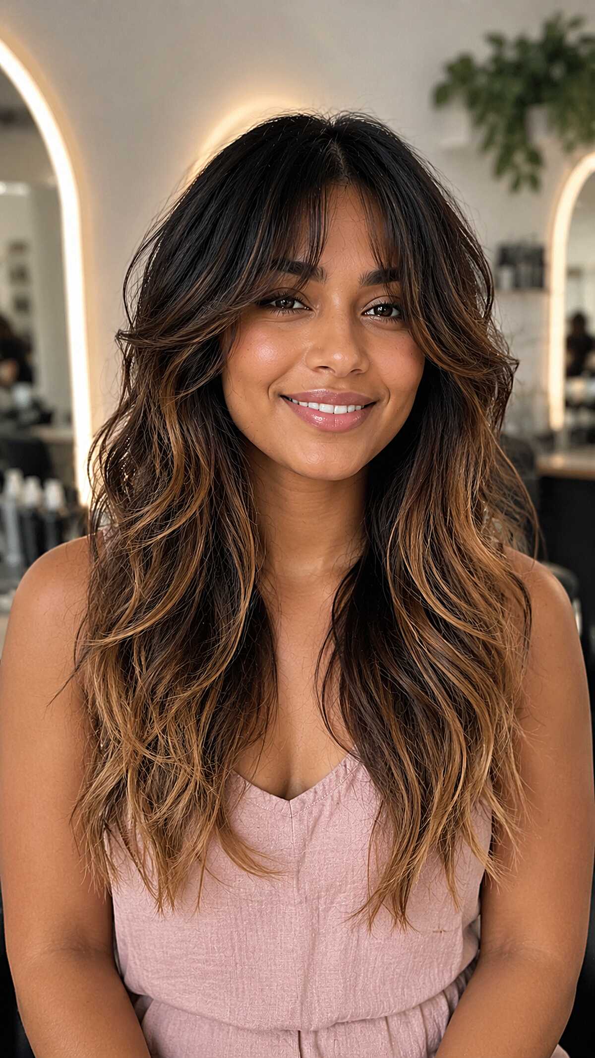 Warm Bronze Balayage on Long Layered Black Hair with Soft Curtain Bangs